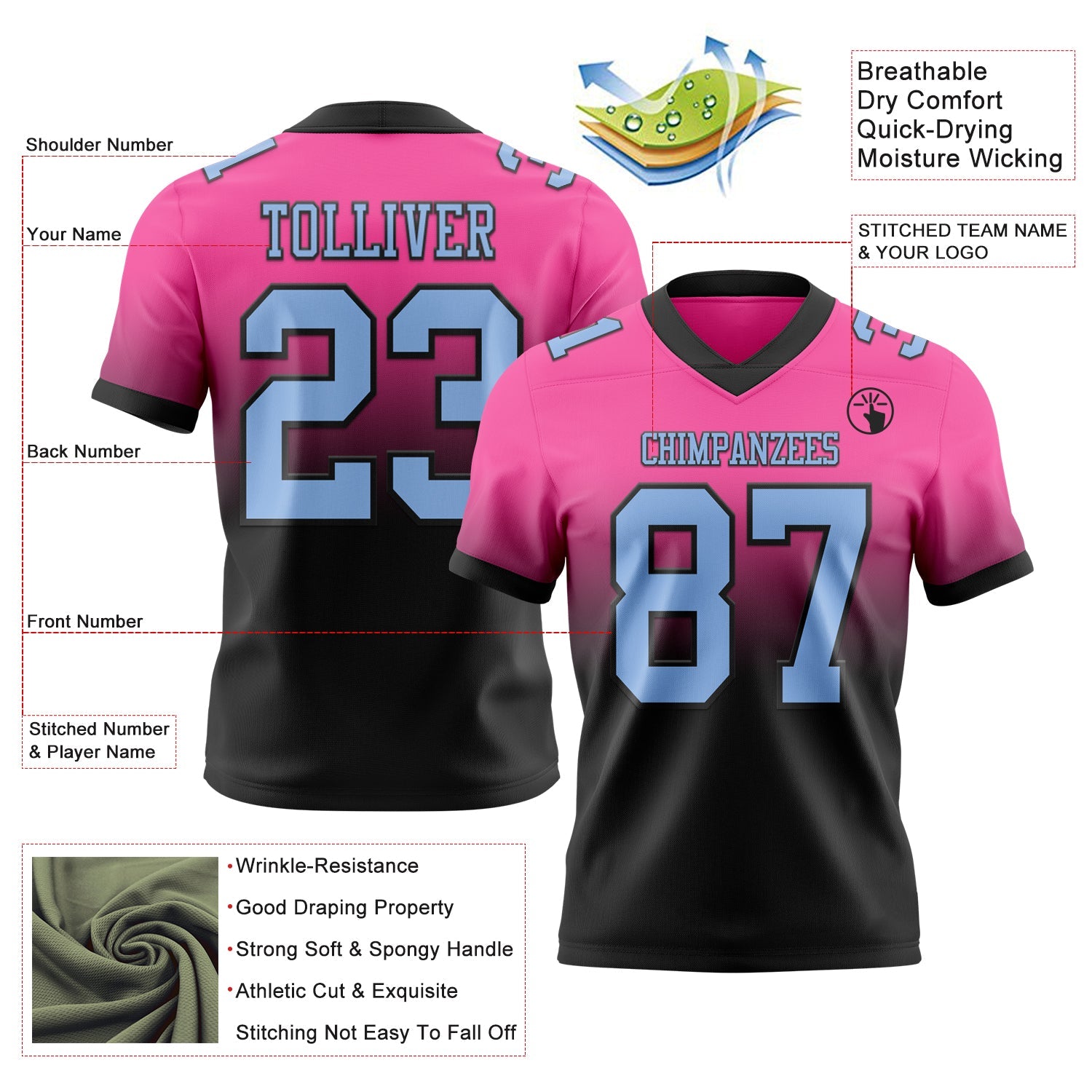 Custom Pink Light Blue-Black Authentic Fade Fashion Football Jersey view 2