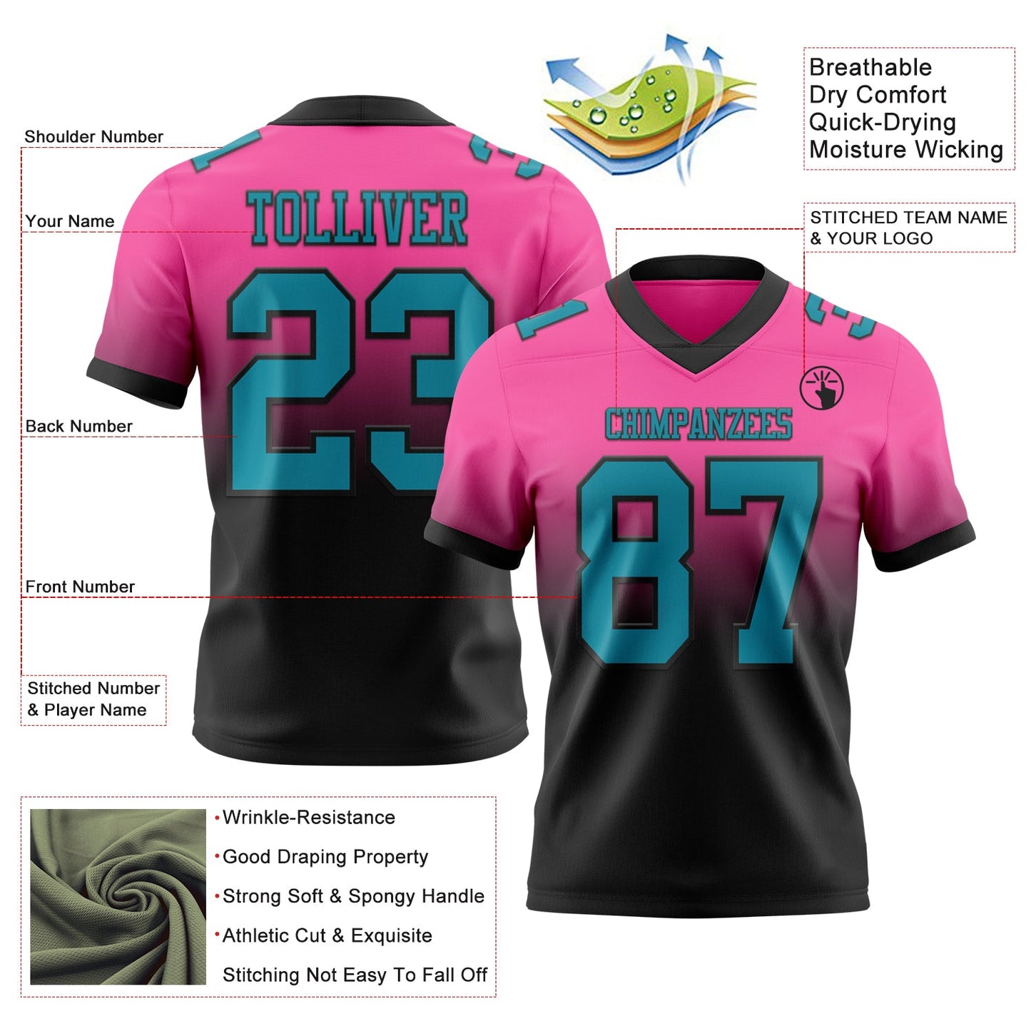 Custom Pink Teal-Black Authentic Fade Fashion Football Jersey view 2