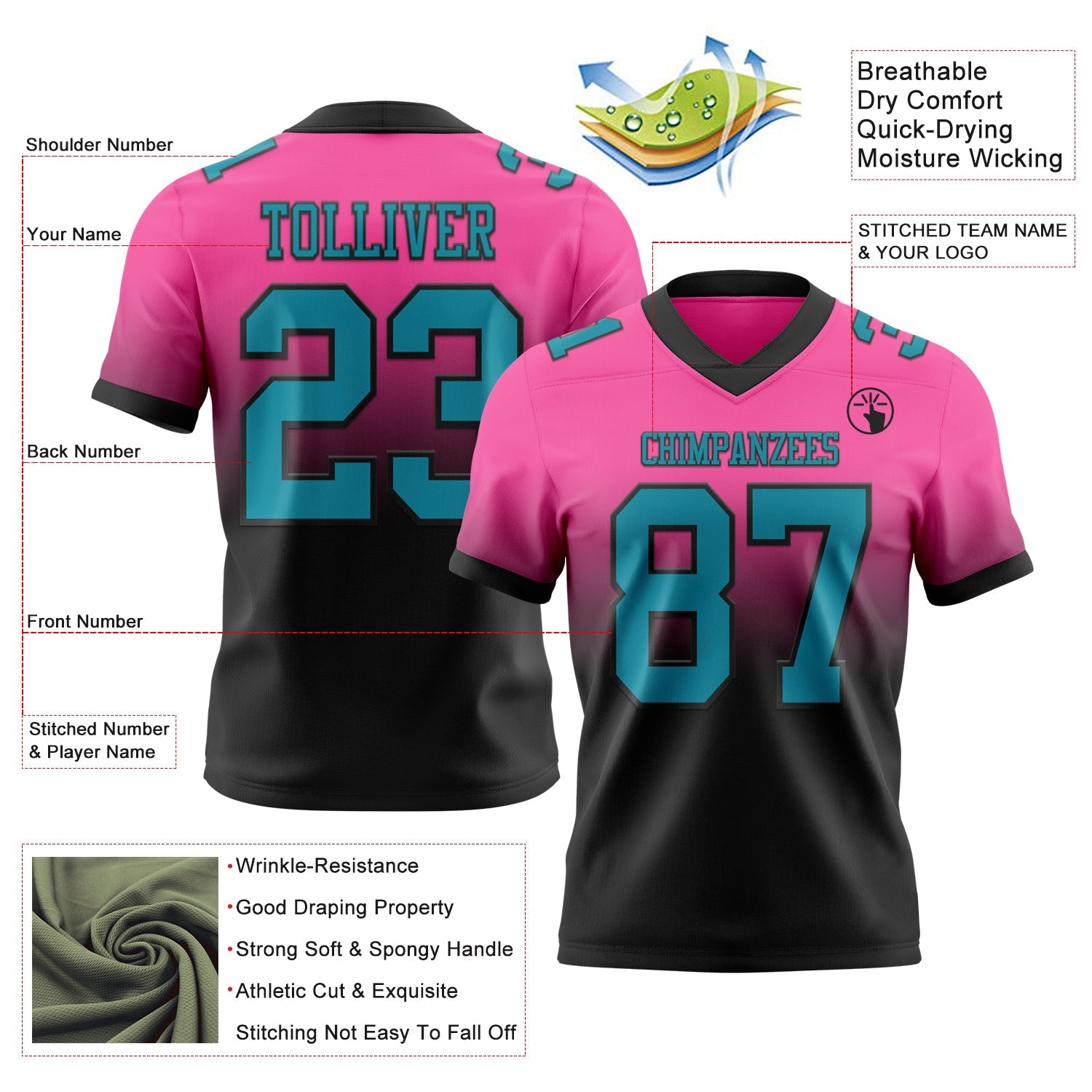 Custom Pink Teal-Black Authentic Fade Fashion Football Jersey view 2