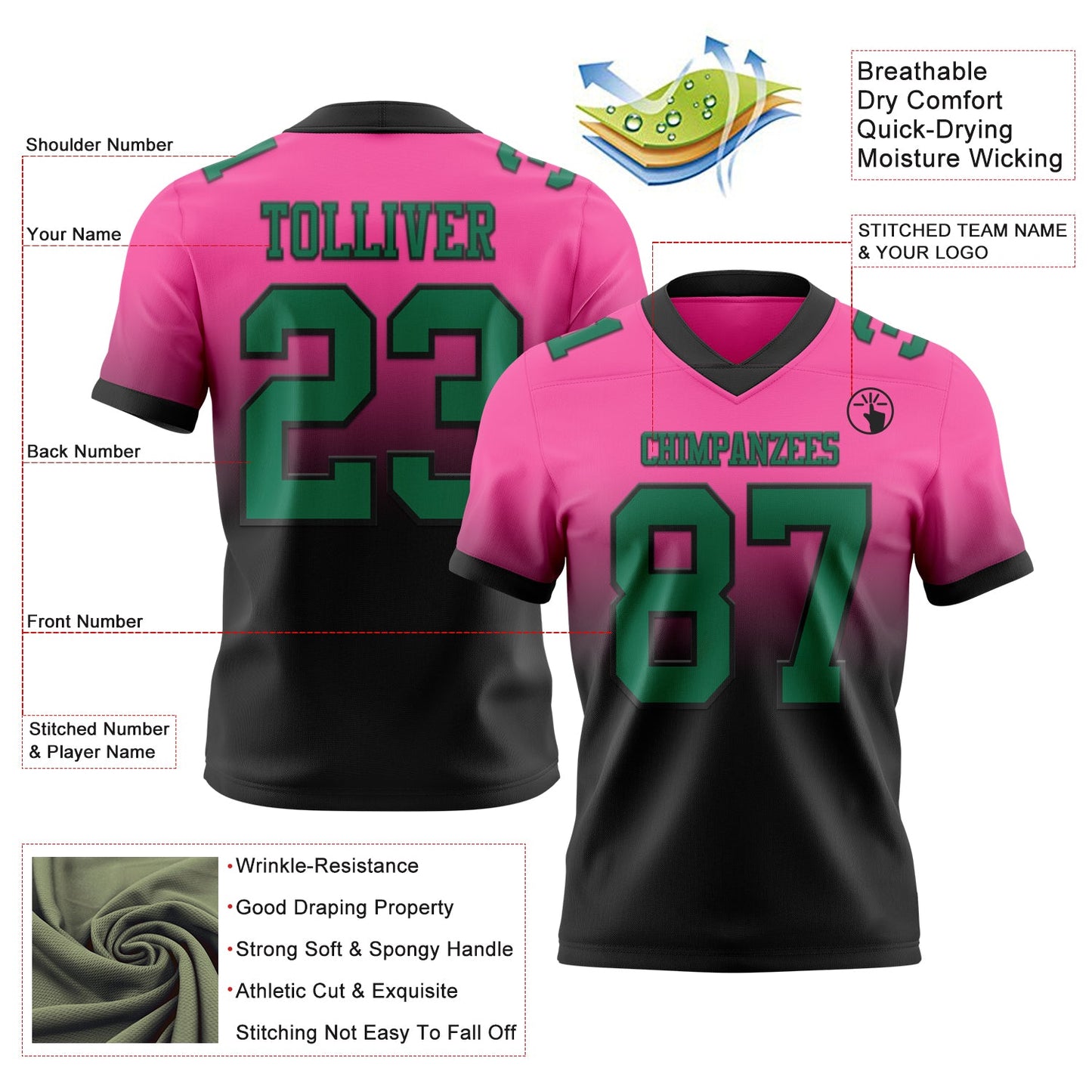 Custom Pink Kelly Green-Black Authentic Fade Fashion Football Jersey view 2