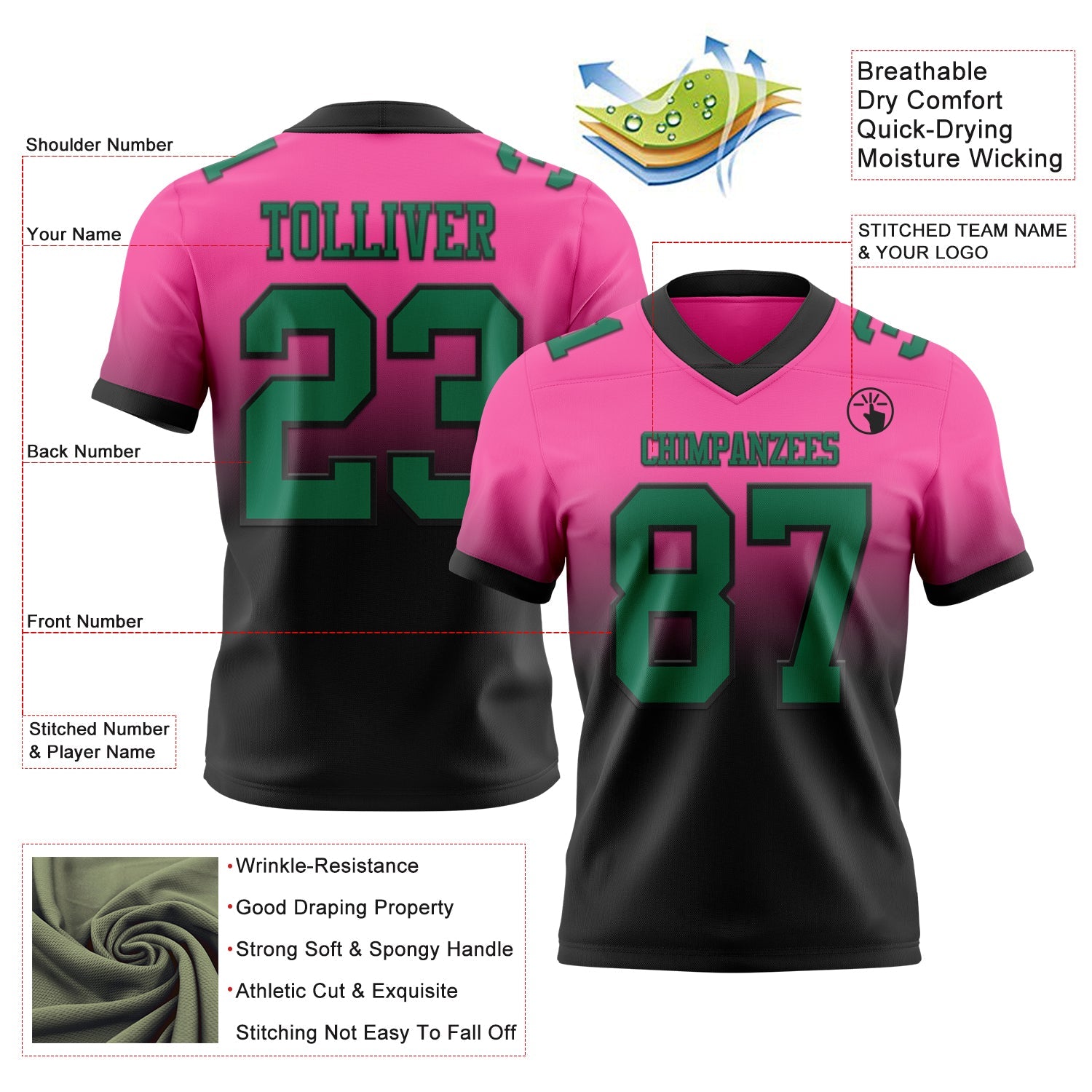 Custom Pink Kelly Green-Black Authentic Fade Fashion Football Jersey view 2