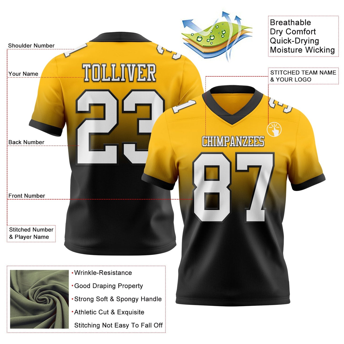 Custom Gold White-Black Authentic Fade Fashion Football Jersey view 2