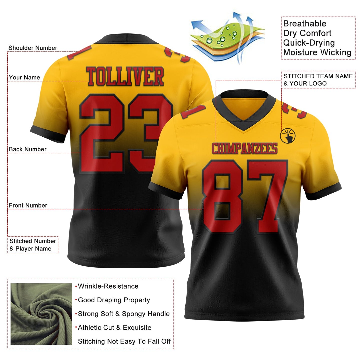 Custom Gold Red-Black Authentic Fade Fashion Football Jersey view 2