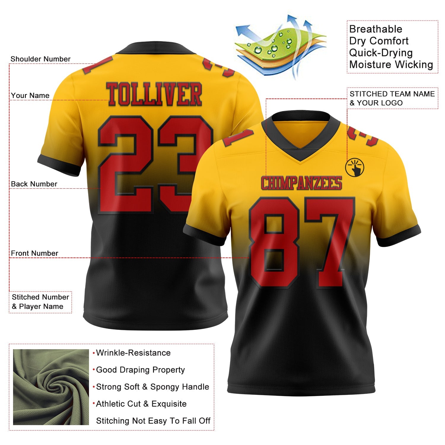 Custom Gold Red-Black Authentic Fade Fashion Football Jersey view 2