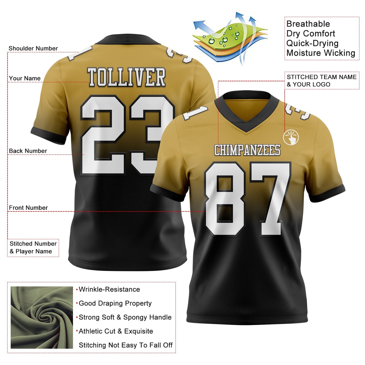 Custom Old Gold White-Black Authentic Fade Fashion Football Jersey view 2