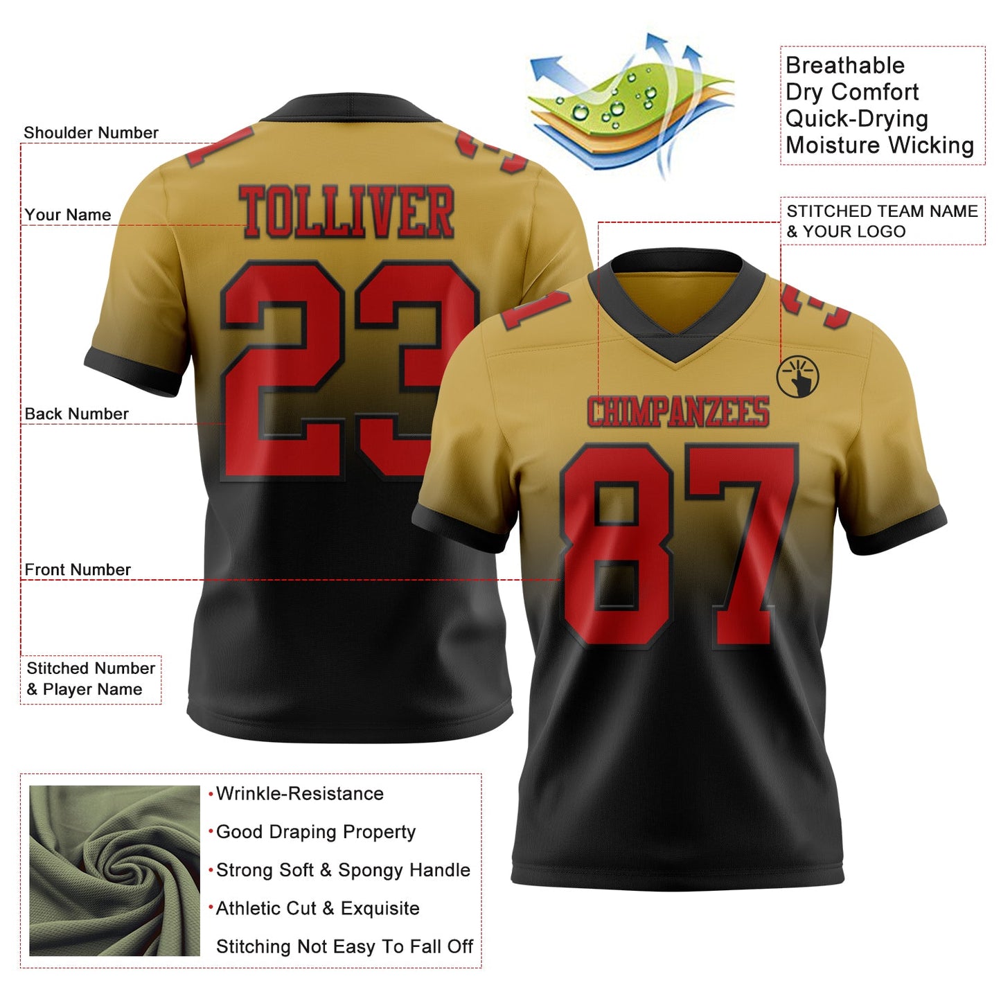 Custom Old Gold Red-Black Authentic Fade Fashion Football Jersey view 2