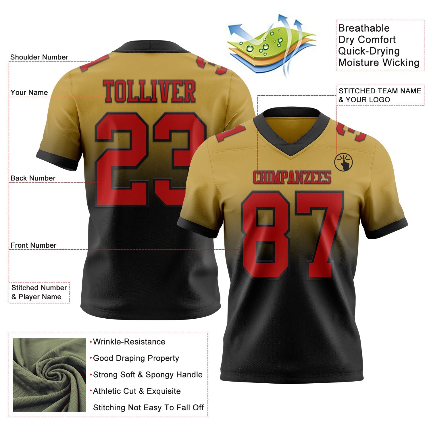 Custom Old Gold Red-Black Authentic Fade Fashion Football Jersey view 2