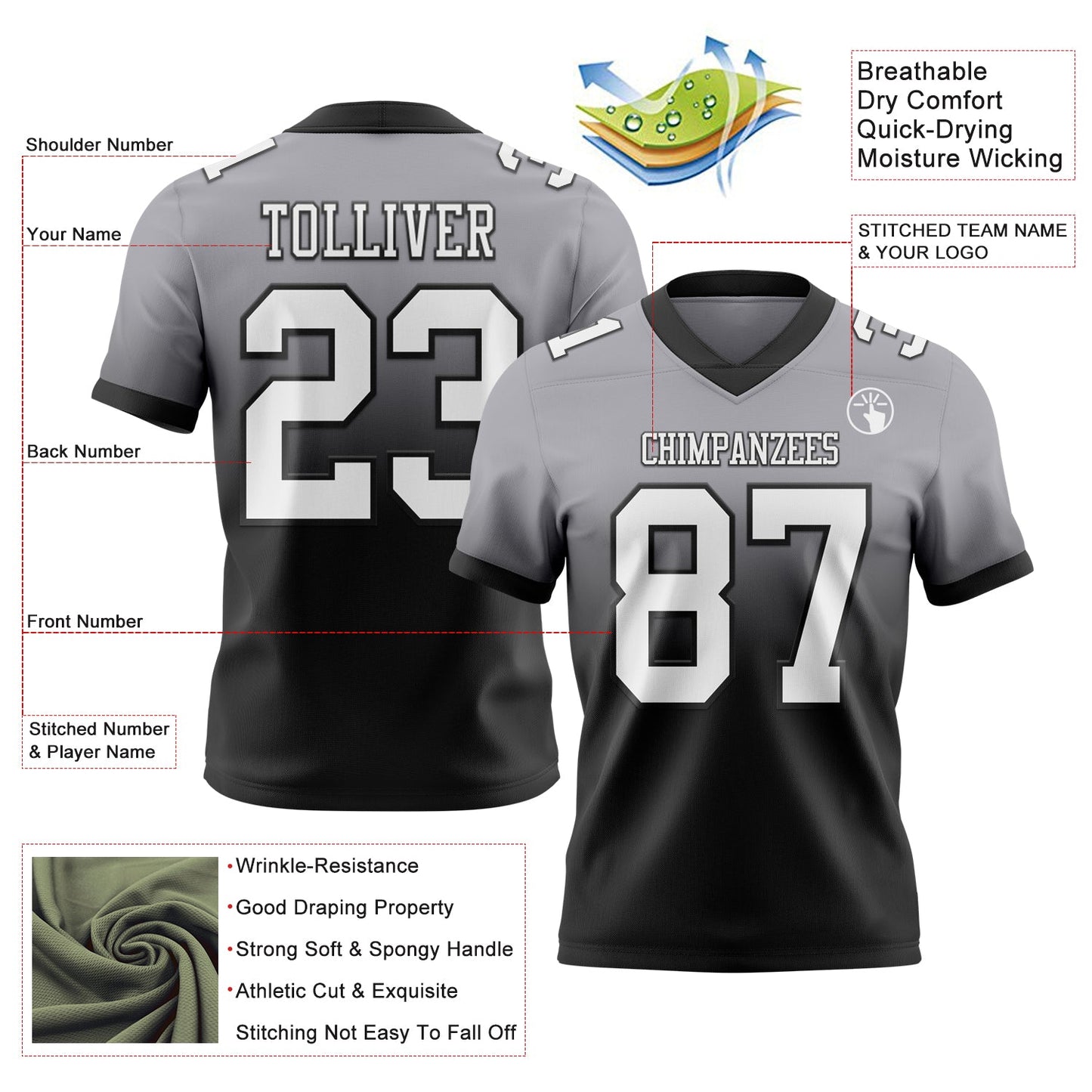 Custom Gray White-Black Authentic Fade Fashion Football Jersey view 2