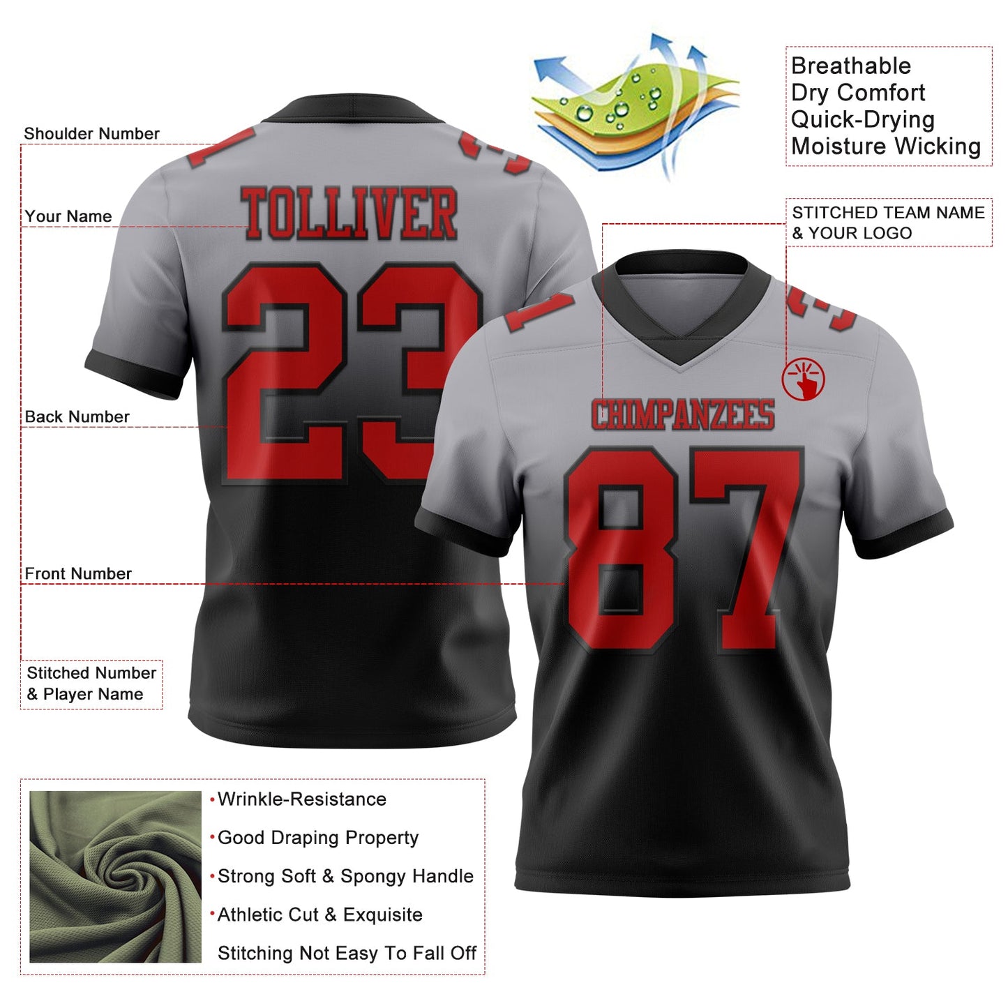 Custom Gray Red-Black Authentic Fade Fashion Football Jersey view 2