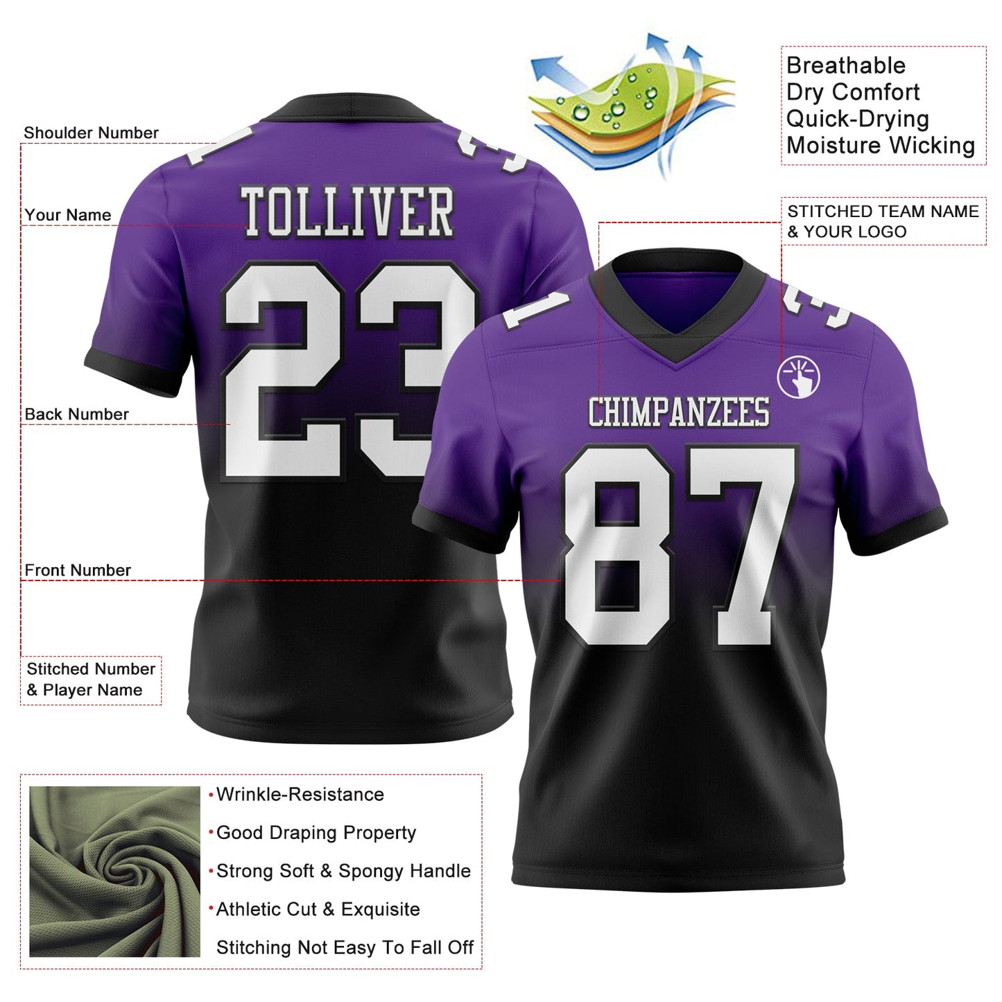 Custom Purple White-Black Authentic Fade Fashion Football Jersey view 2