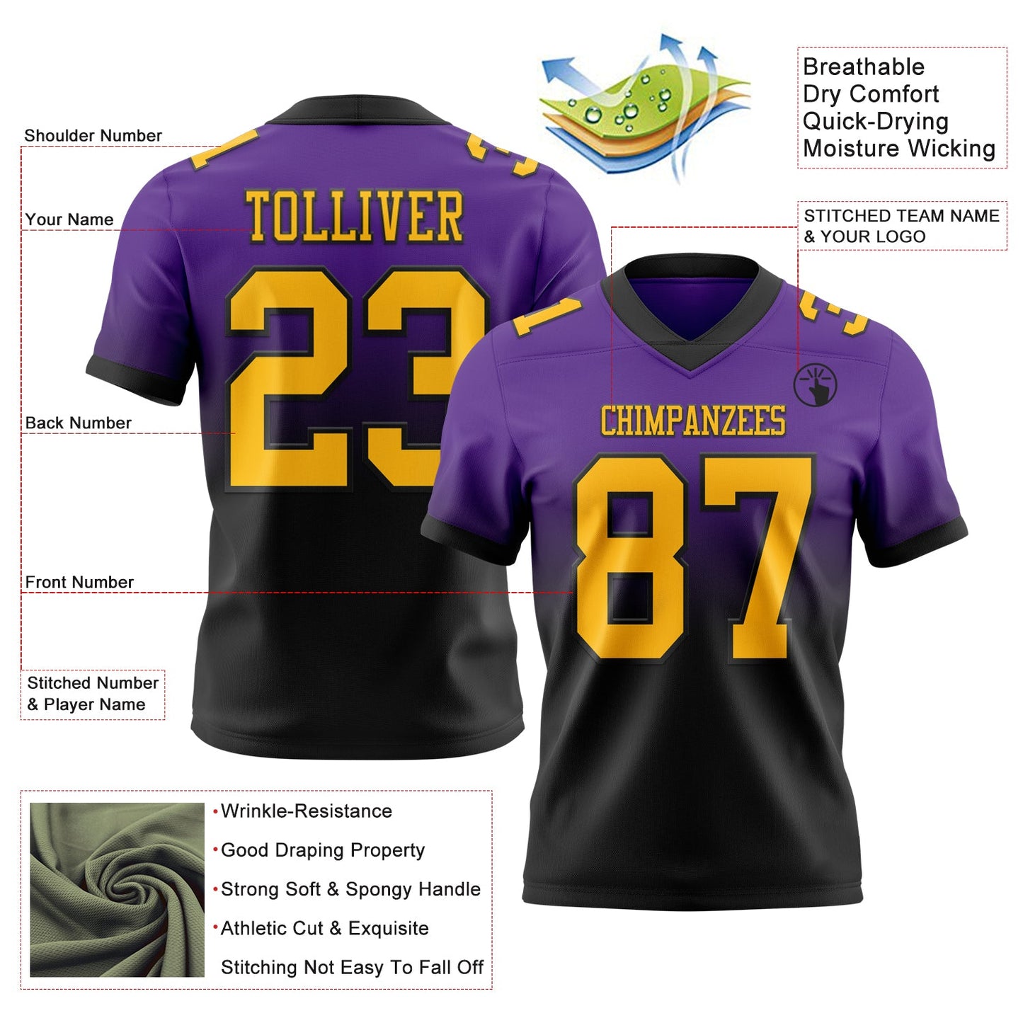 Custom Purple Gold-Black Authentic Fade Fashion Football Jersey view 2