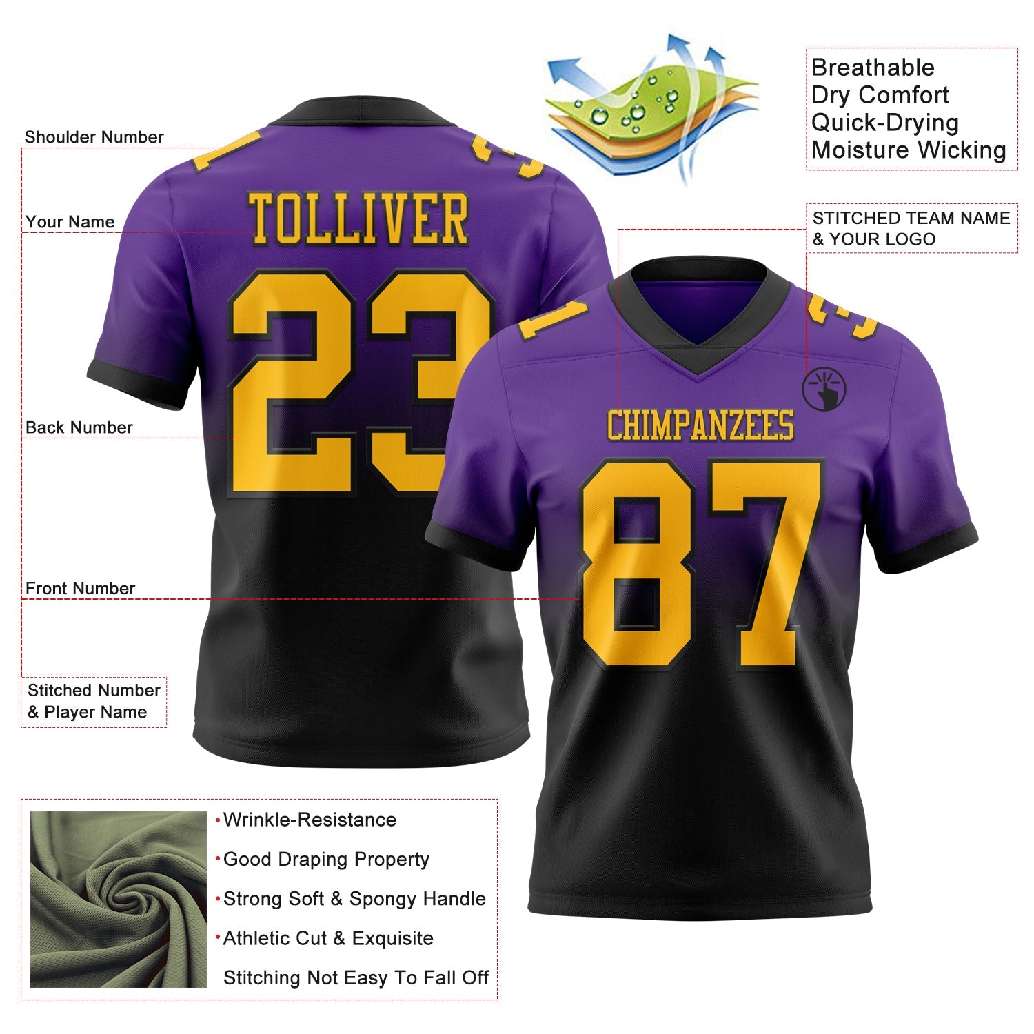 Custom Purple Gold-Black Authentic Fade Fashion Football Jersey view 2