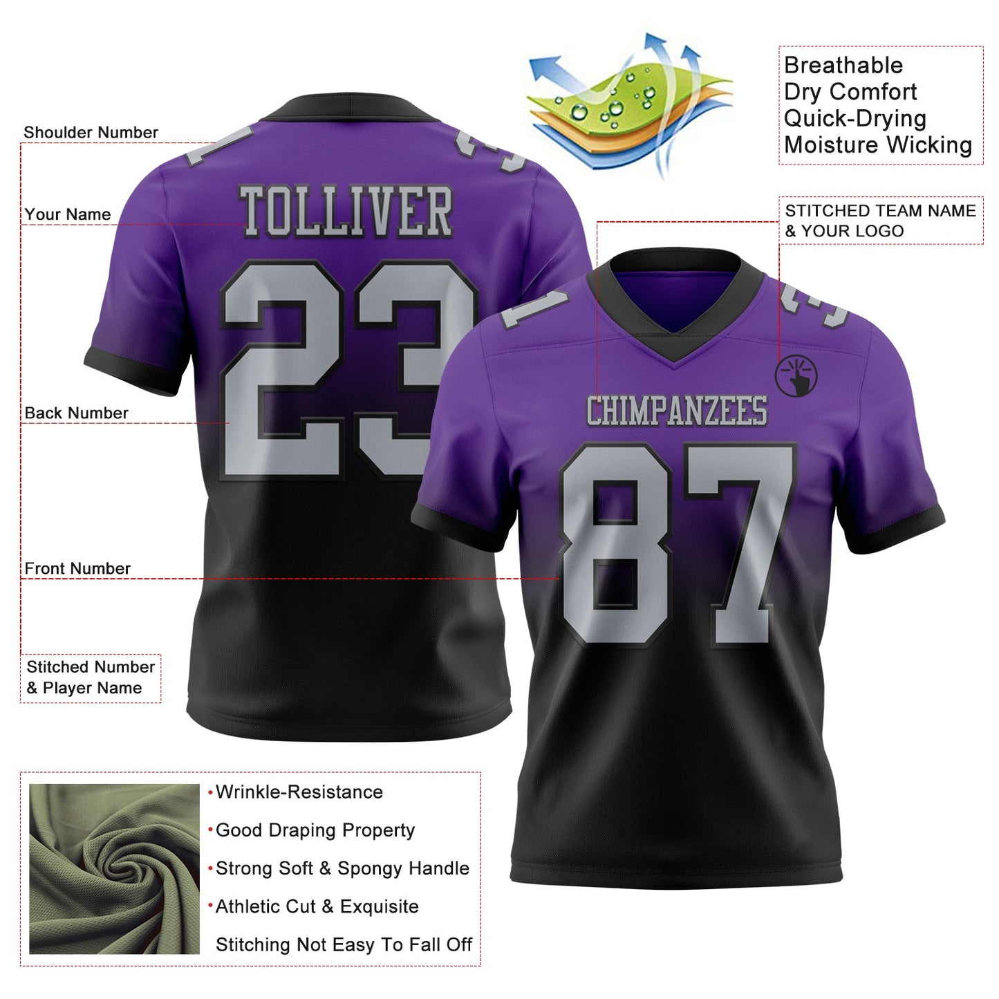 Custom Purple Gray-Black Authentic Fade Fashion Football Jersey view 2