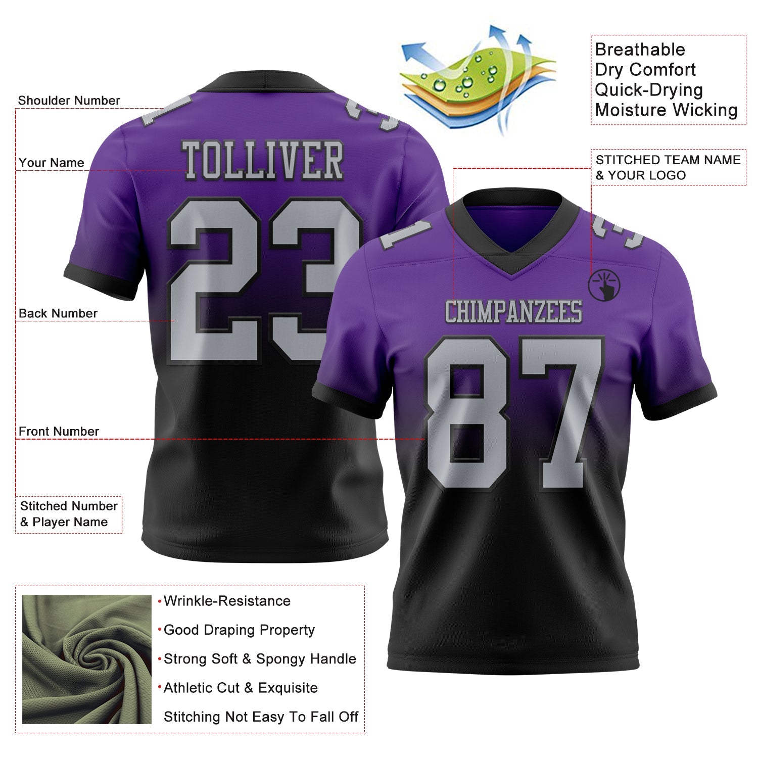 Custom Purple Gray-Black Authentic Fade Fashion Football Jersey view 2