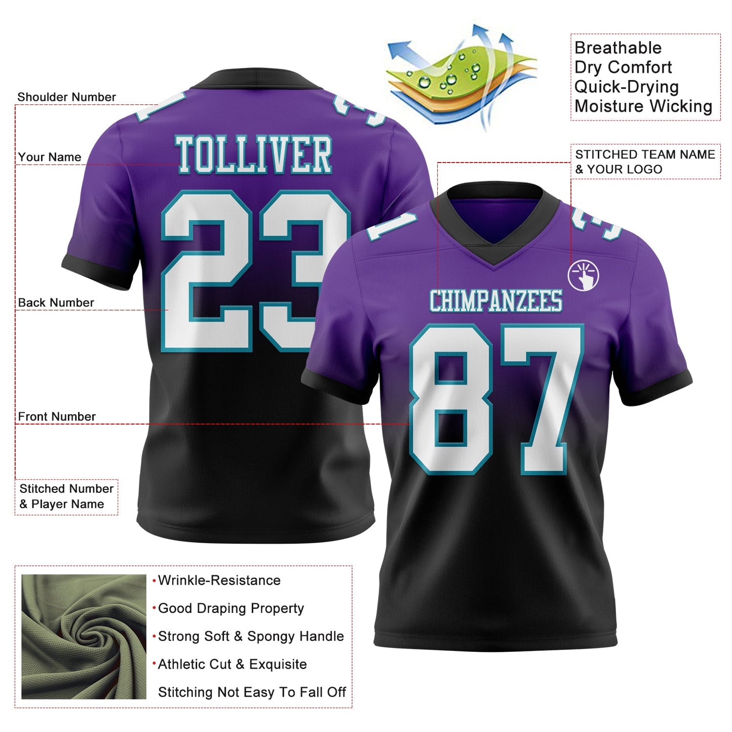 Custom Purple White Black-Teal Authentic Fade Fashion Football Jersey view 2