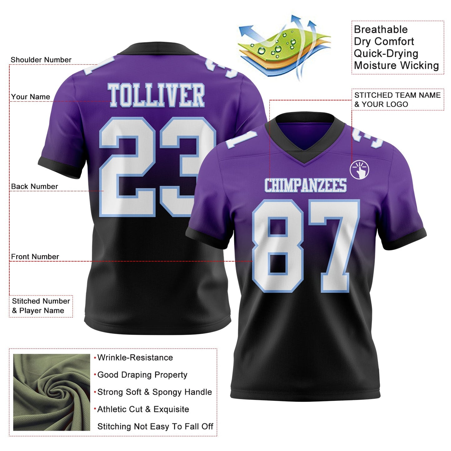 Custom Purple White Black-Light Blue Authentic Fade Fashion Football Jersey view 2