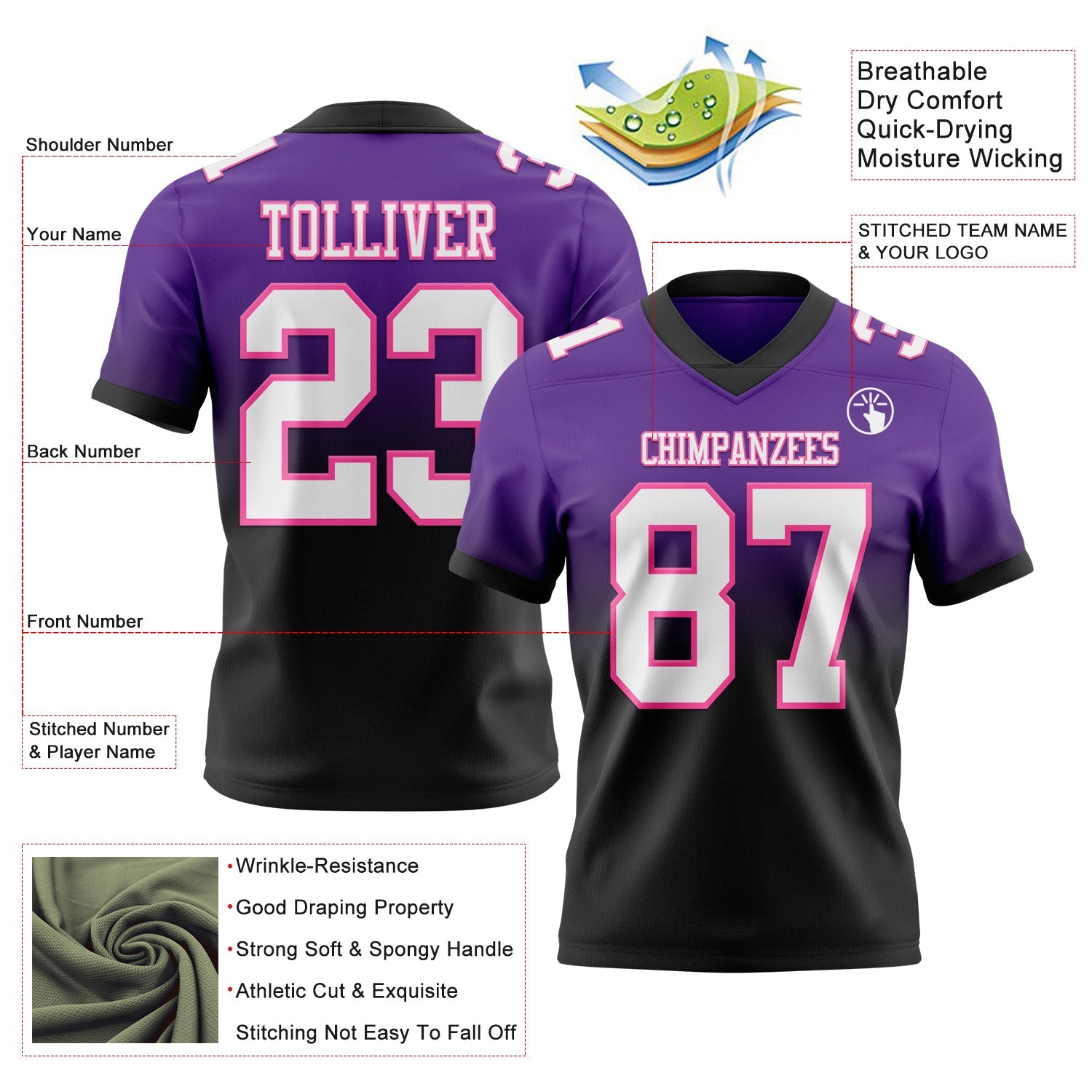 Custom Purple White Black-Pink Authentic Fade Fashion Football Jersey view 2