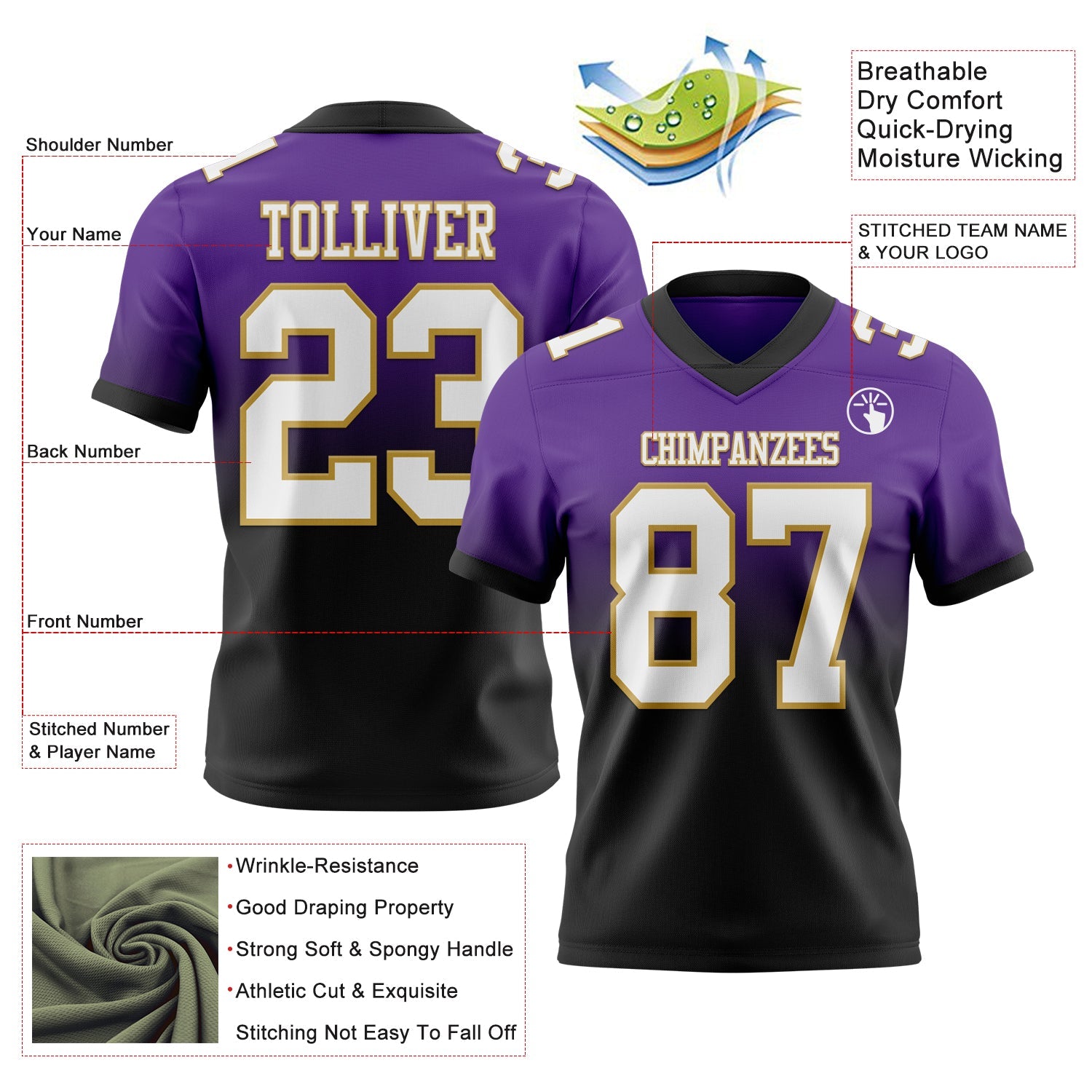 Custom Purple White Black-Old Gold Authentic Fade Fashion Football Jersey view 2