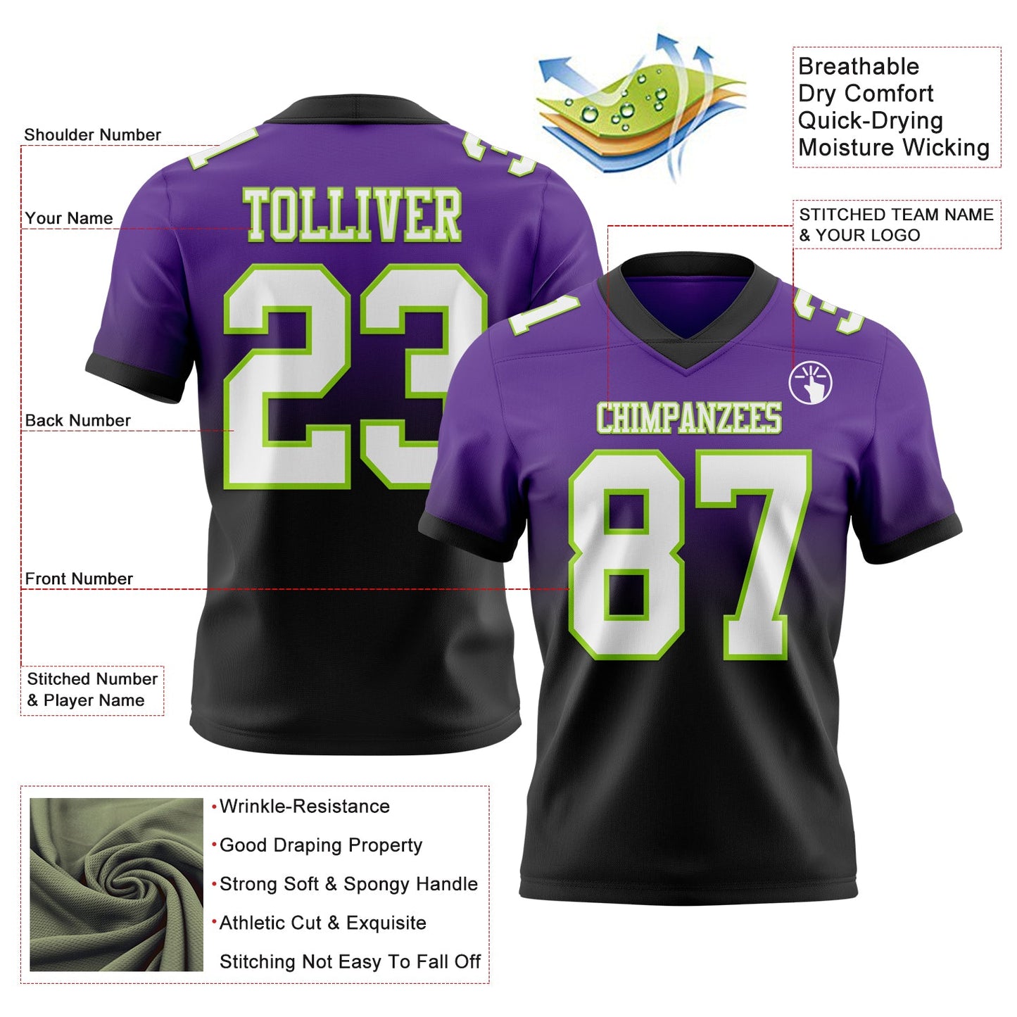 Custom Purple White Black-Neon Green Authentic Fade Fashion Football Jersey view 2