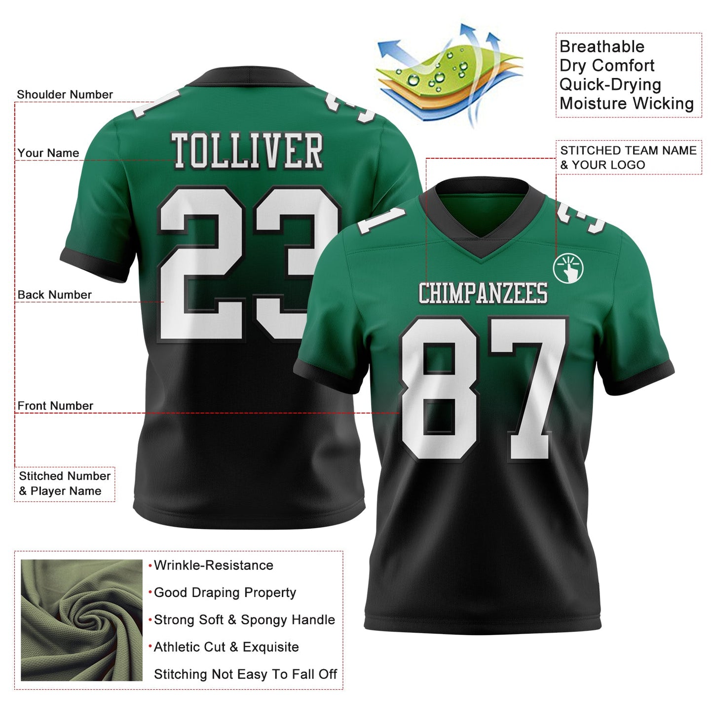Custom Kelly Green White-Black Authentic Fade Fashion Football Jersey view 2