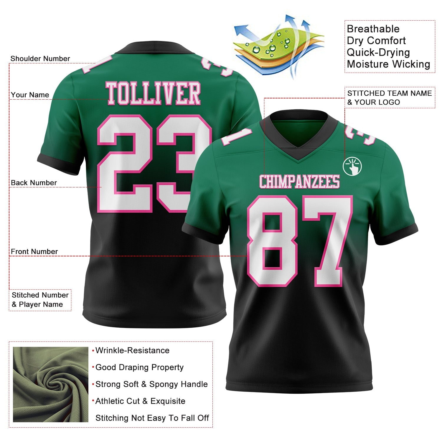 Custom Kelly Green White Black-Pink Authentic Fade Fashion Football Jersey view 2