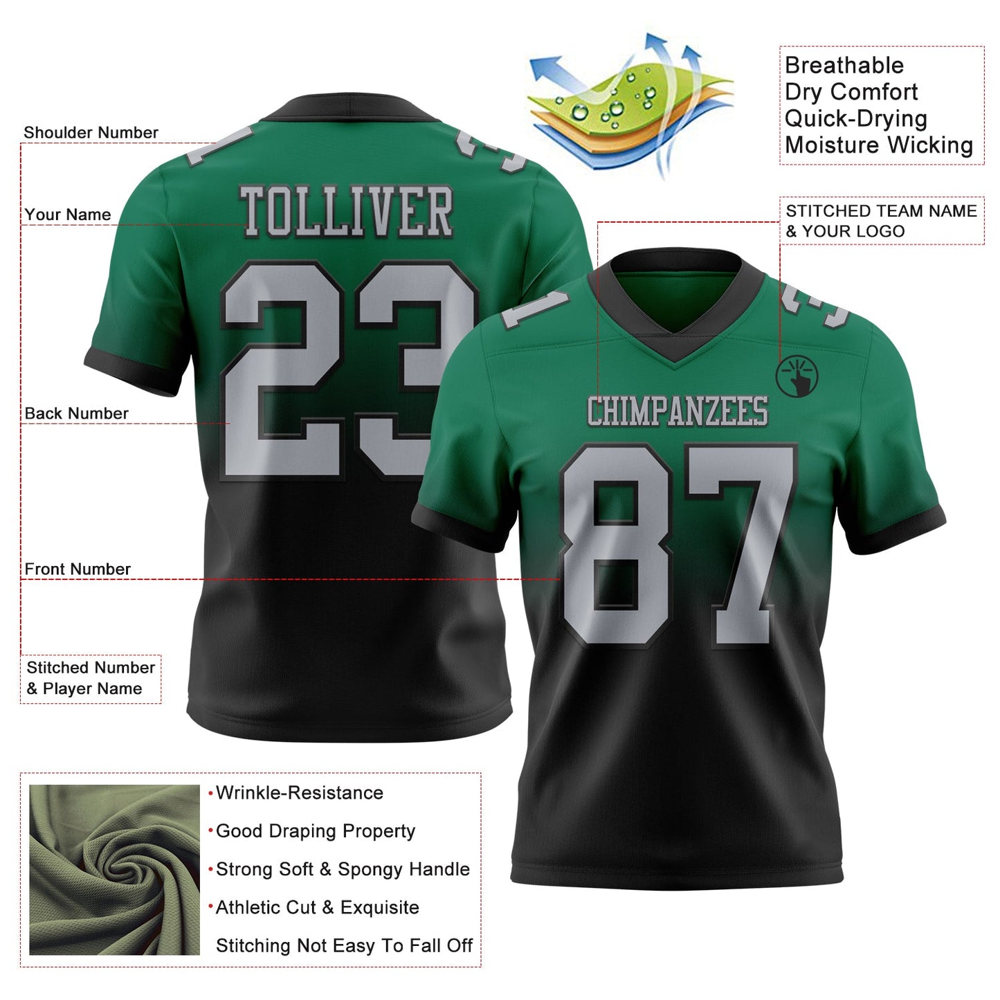 Custom Kelly Green Gray-Black Authentic Fade Fashion Football Jersey view 2