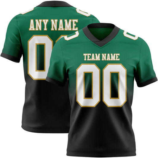 Custom Kelly Green White Black-Old Gold Authentic Fade Fashion Football Jersey - Main View
