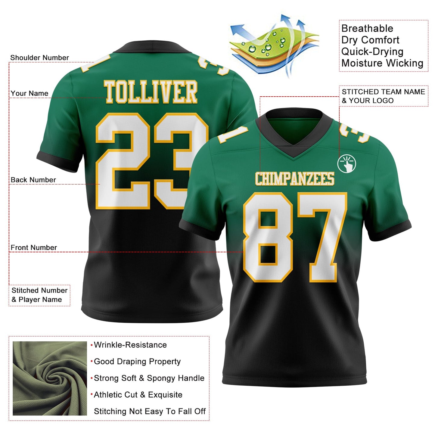 Custom Kelly Green White Black-Gold Authentic Fade Fashion Football Jersey view 2