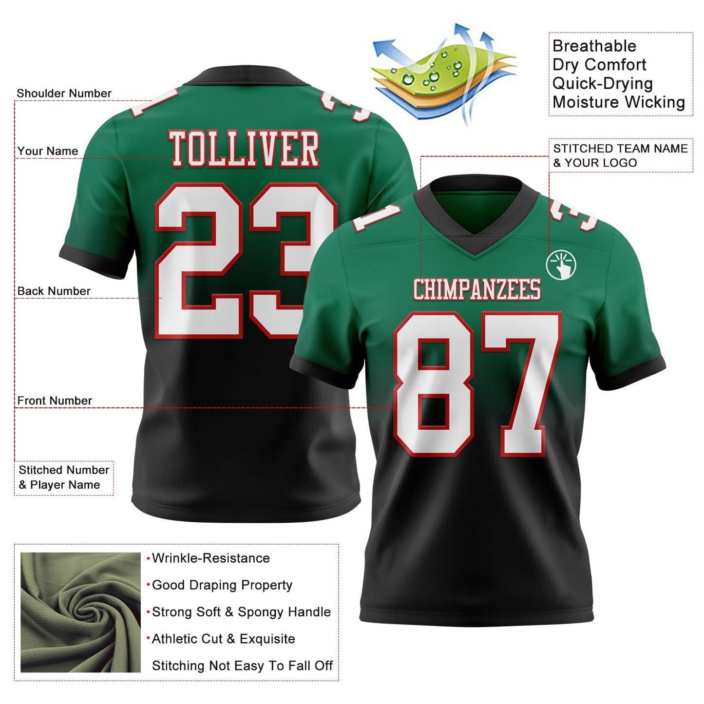 Custom Kelly Green White Black-Red Authentic Fade Fashion Football Jersey view 2
