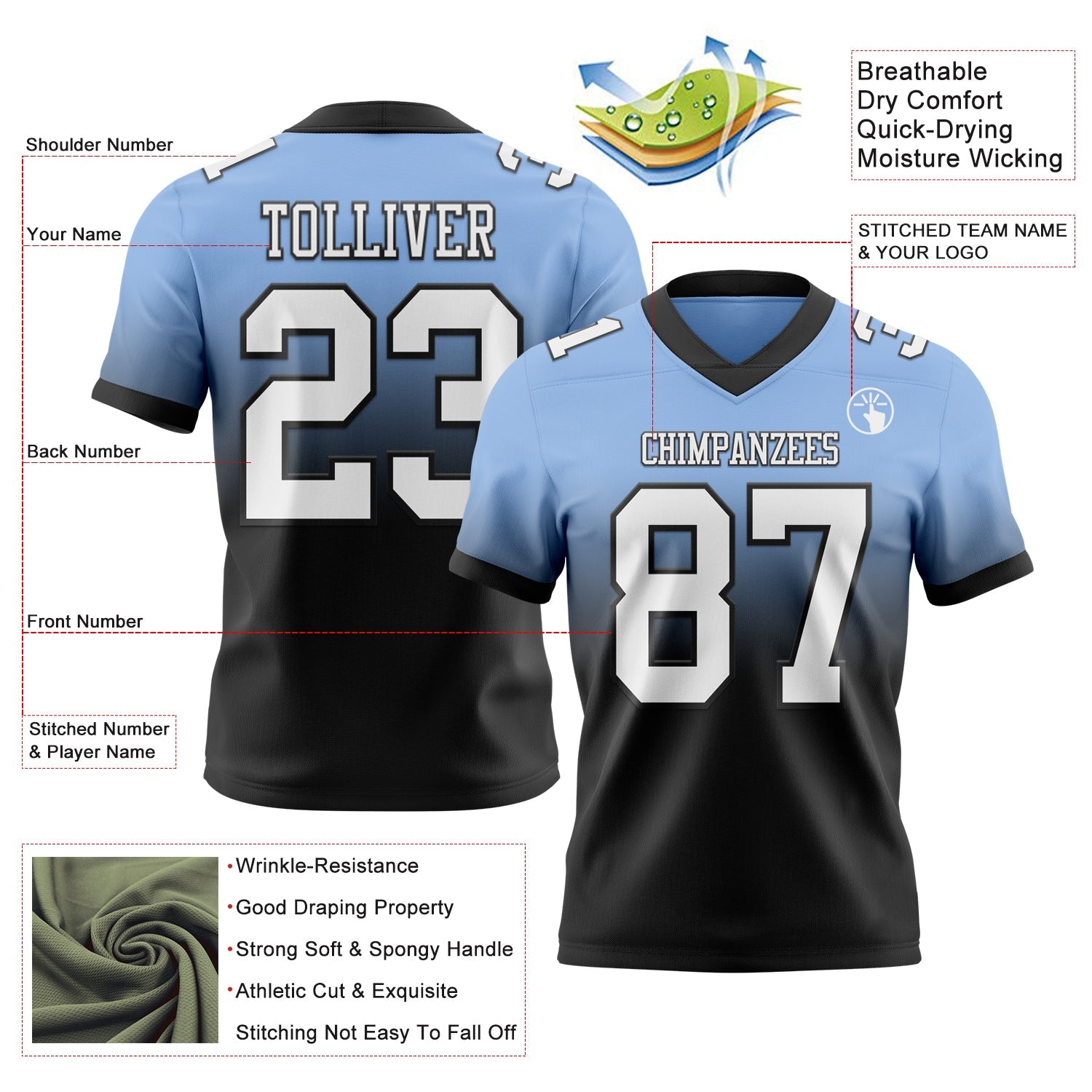 Custom Light Blue White-Black Authentic Fade Fashion Football Jersey view 2