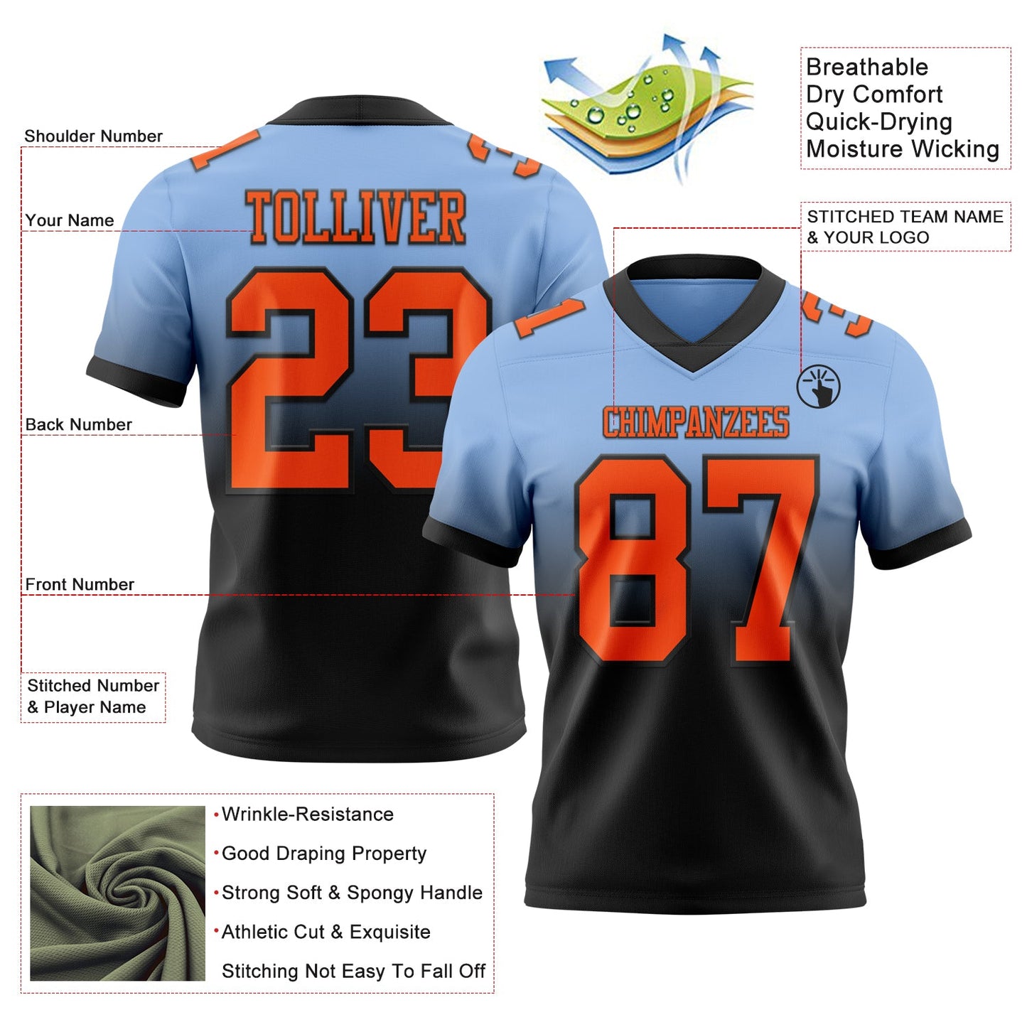 Custom Light Blue Orange-Black Authentic Fade Fashion Football Jersey view 2