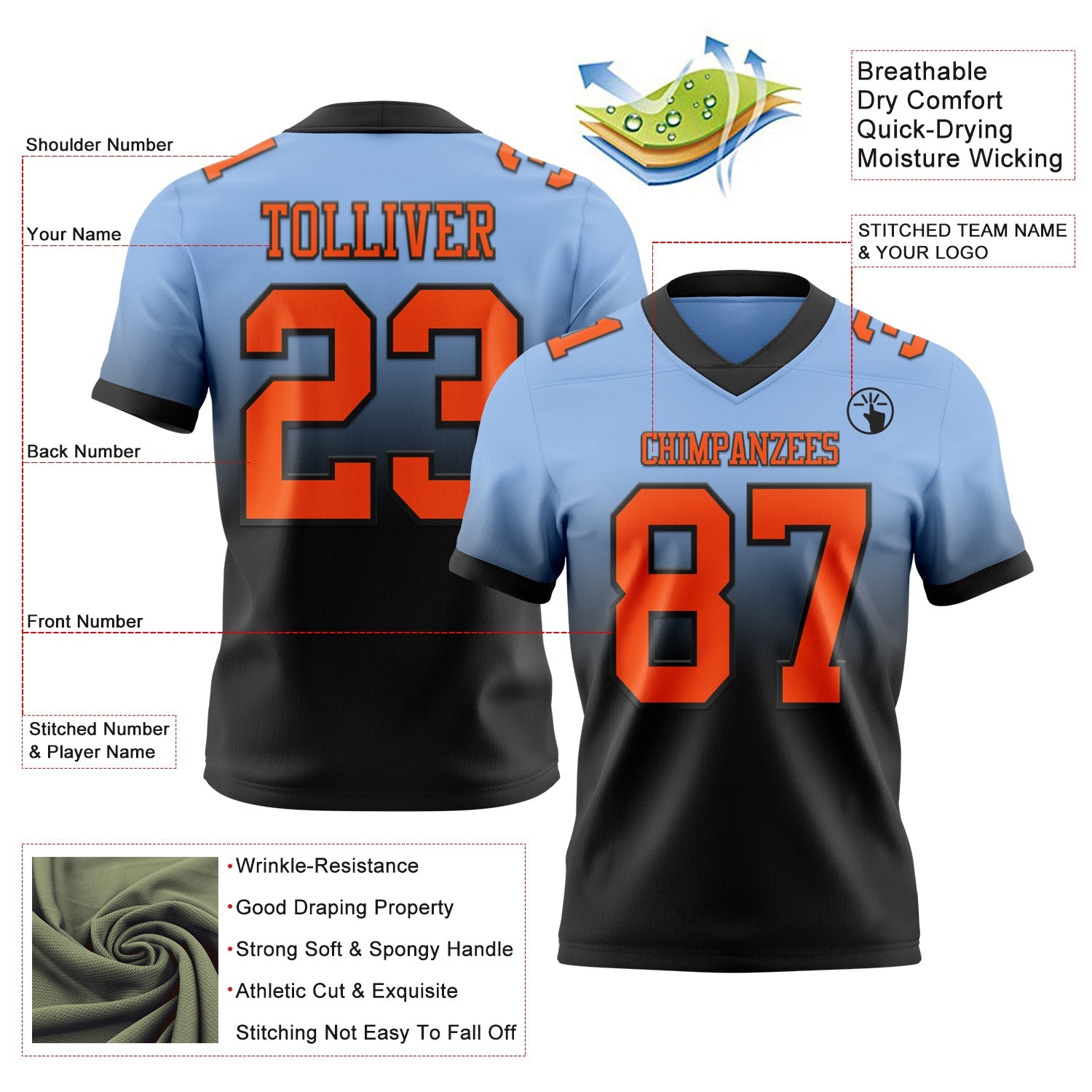 Custom Light Blue Orange-Black Authentic Fade Fashion Football Jersey view 2