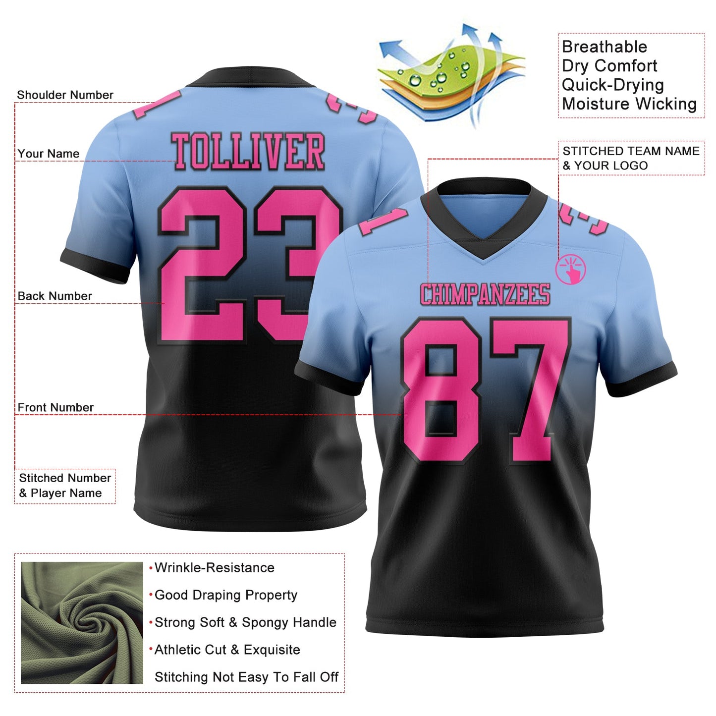 Custom Light Blue Pink-Black Authentic Fade Fashion Football Jersey view 2