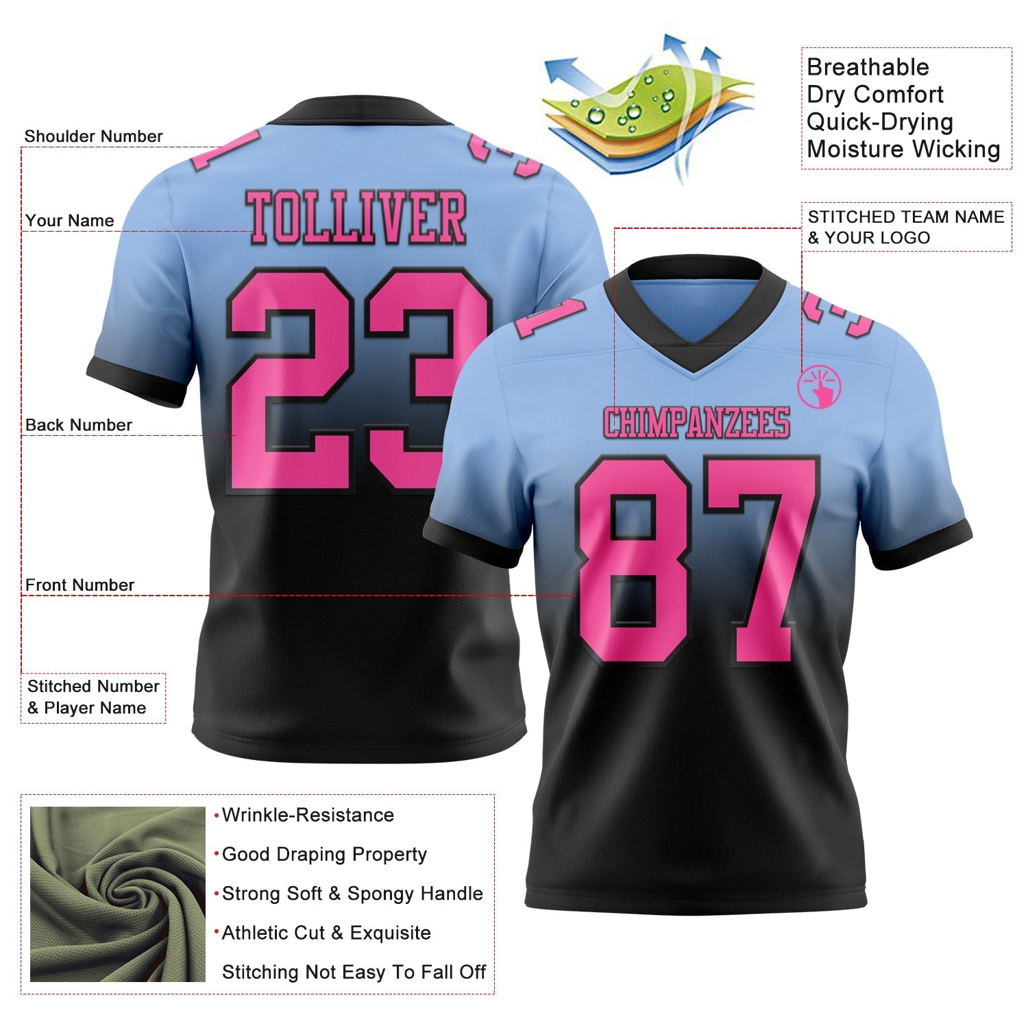 Custom Light Blue Pink-Black Authentic Fade Fashion Football Jersey view 2