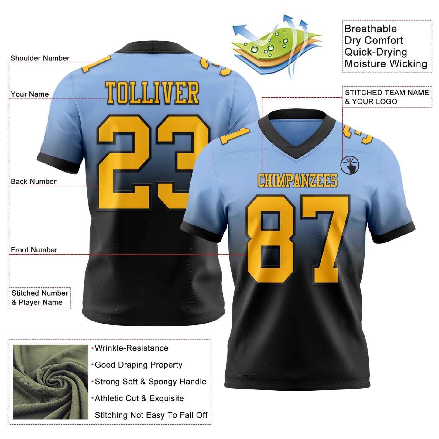 Custom Light Blue Gold-Black Authentic Fade Fashion Football Jersey view 2