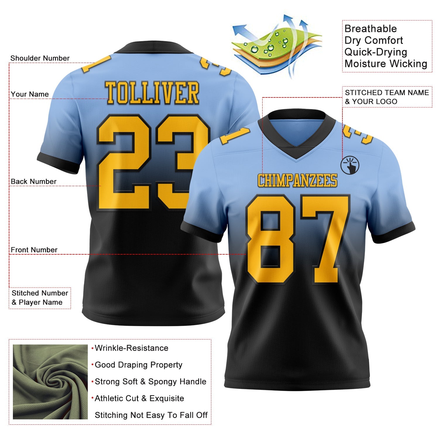 Custom Light Blue Gold-Black Authentic Fade Fashion Football Jersey view 2