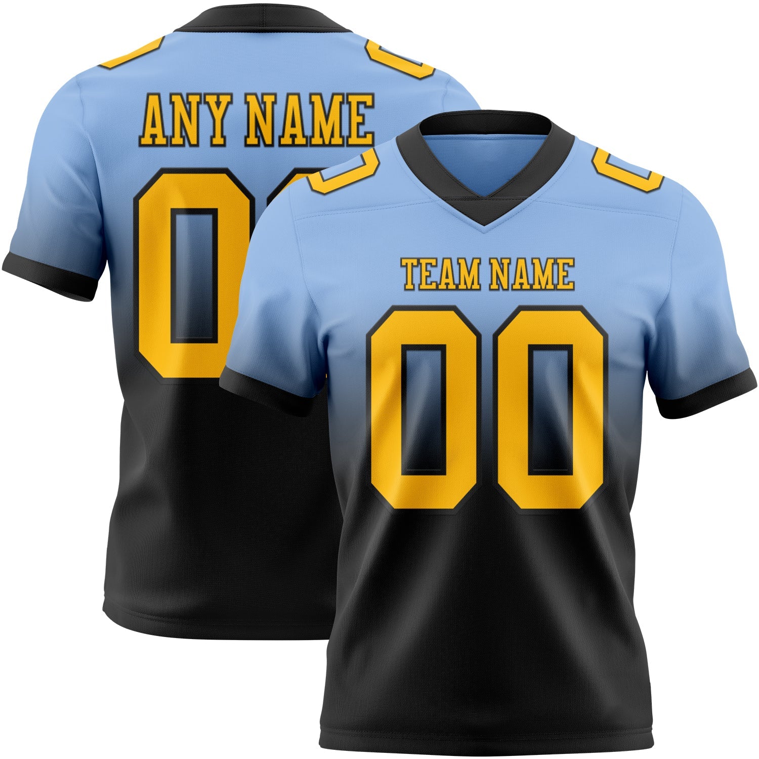 Custom Light Blue Gold-Black Authentic Fade Fashion Football Jersey - Main View