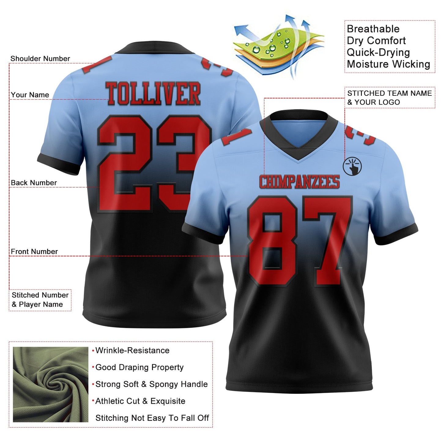 Custom Light Blue Red-Black Authentic Fade Fashion Football Jersey view 2