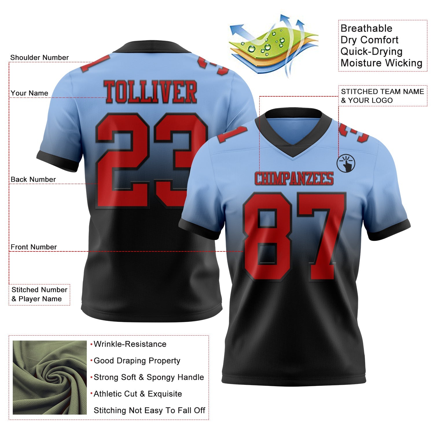 Custom Light Blue Red-Black Authentic Fade Fashion Football Jersey view 2
