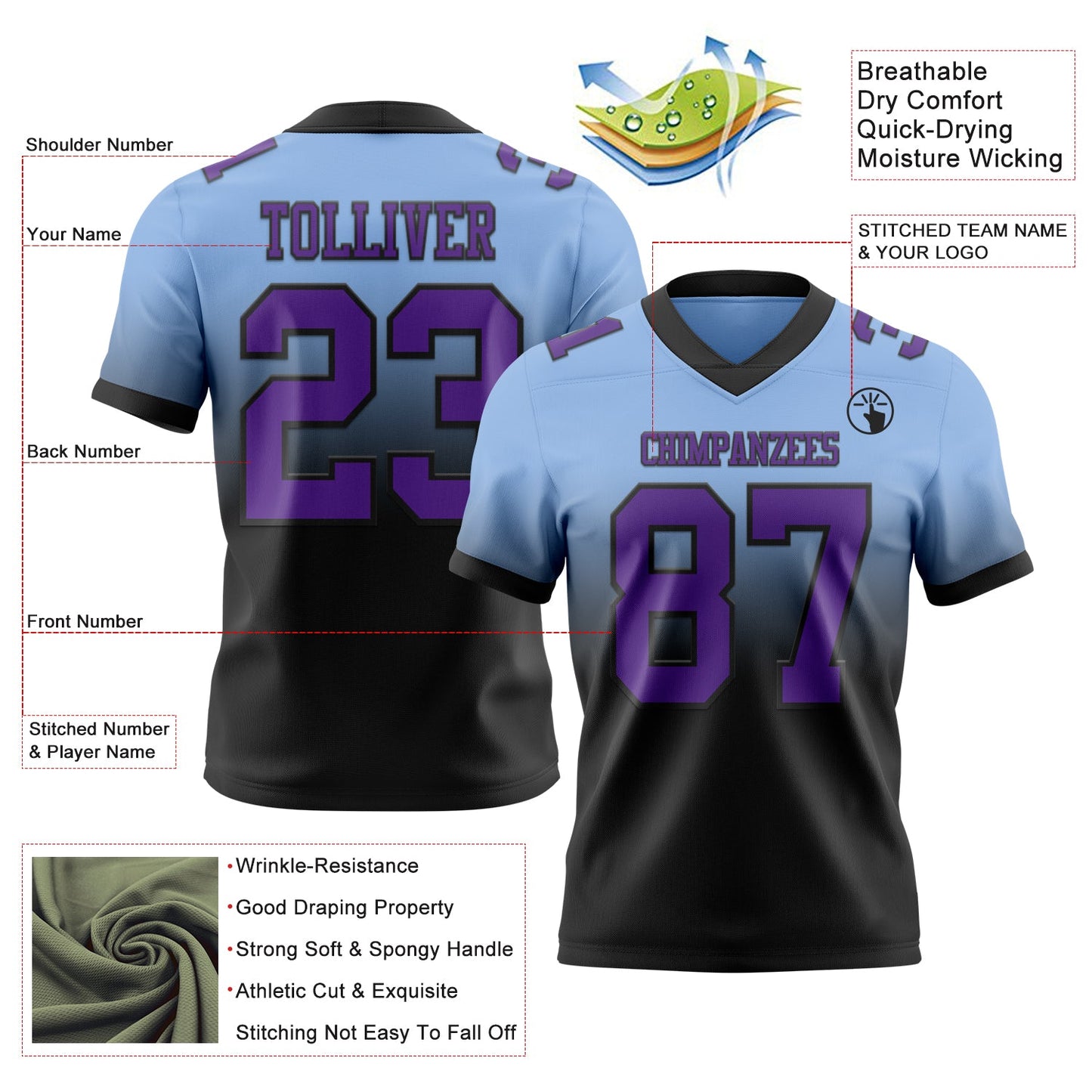 Custom Light Blue Purple-Black Authentic Fade Fashion Football Jersey view 2