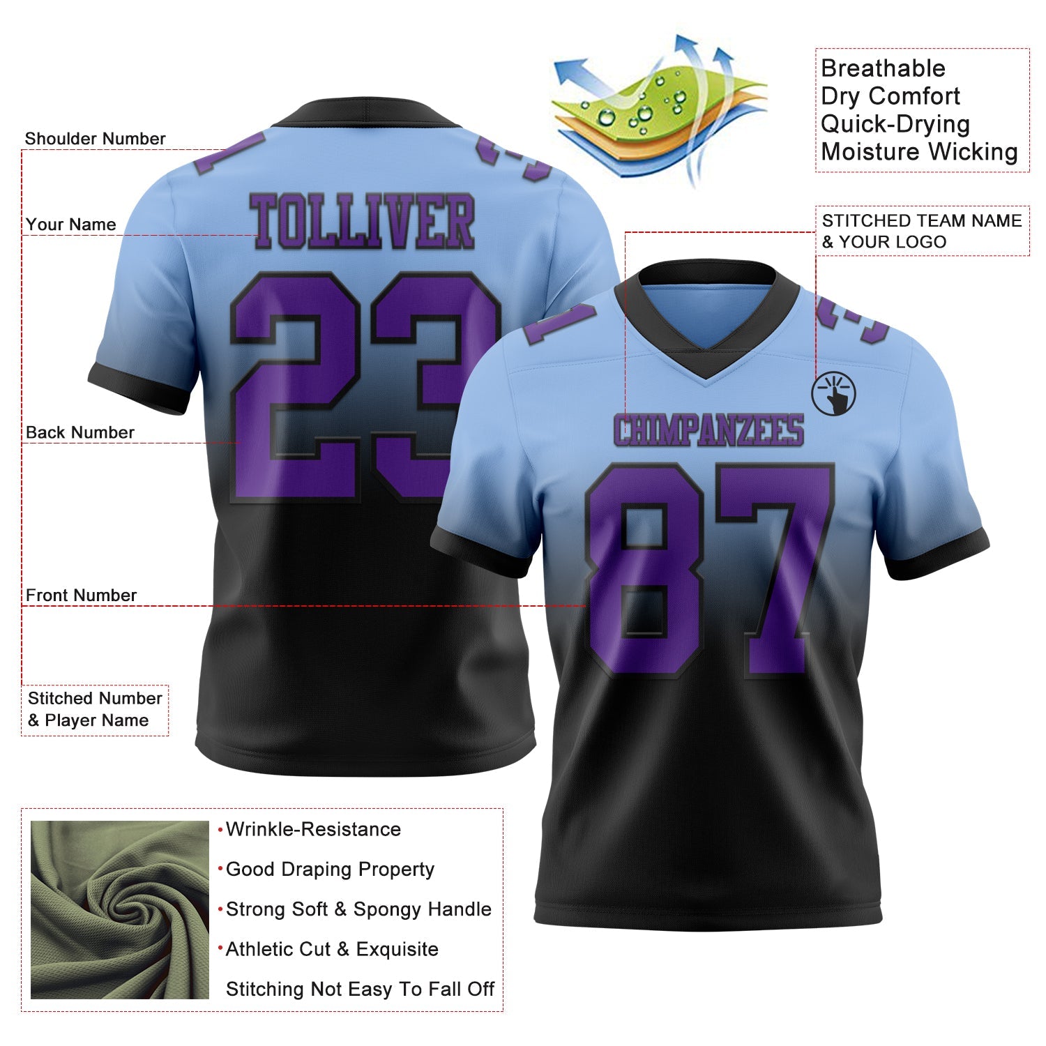 Custom Light Blue Purple-Black Authentic Fade Fashion Football Jersey view 2
