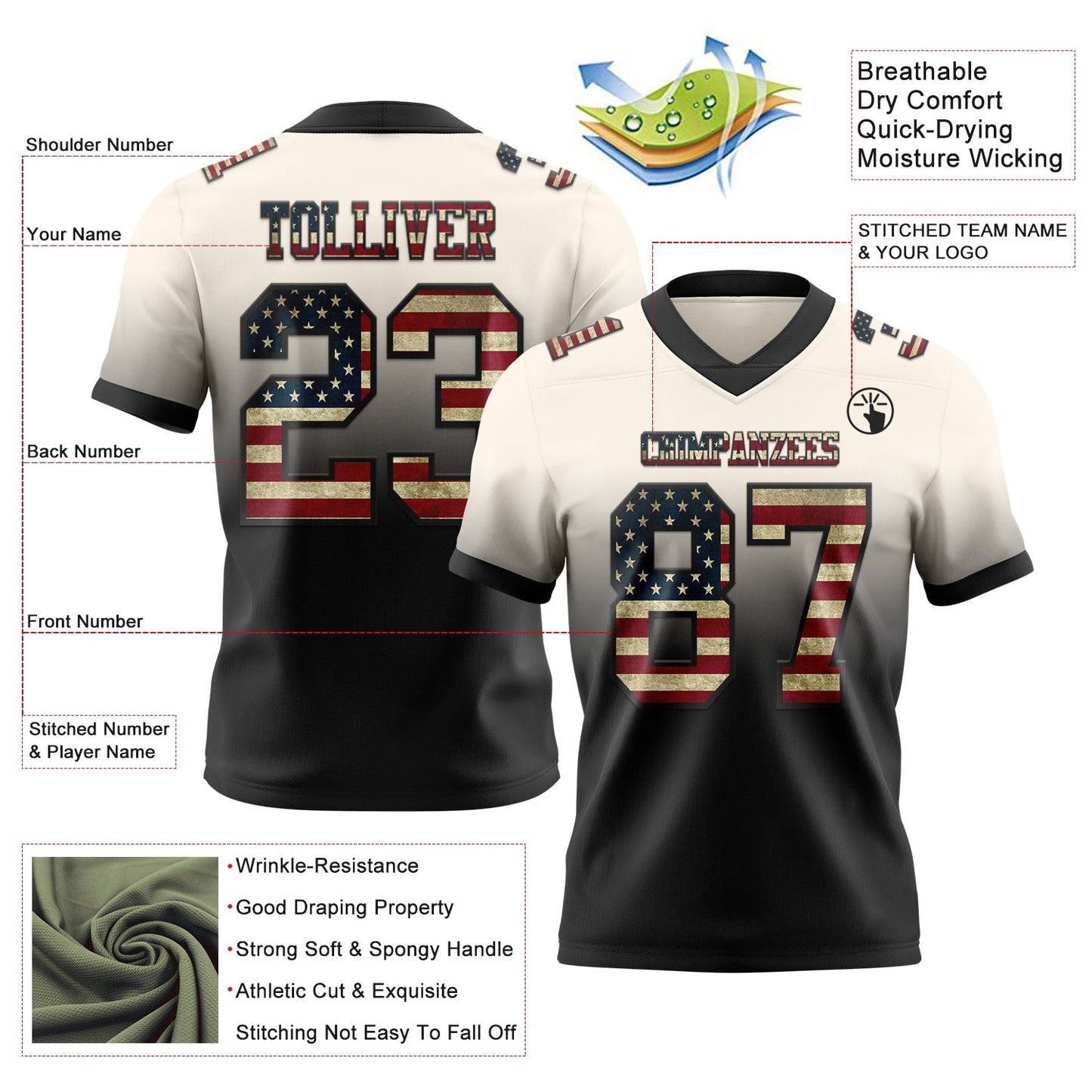 Custom Cream Vintage USA Flag-Black Authentic Fade Fashion Football Jersey view 2
