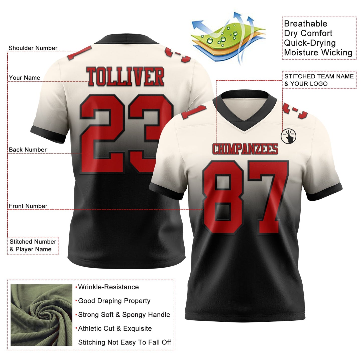 Custom Cream Red-Black Authentic Fade Fashion Football Jersey view 2
