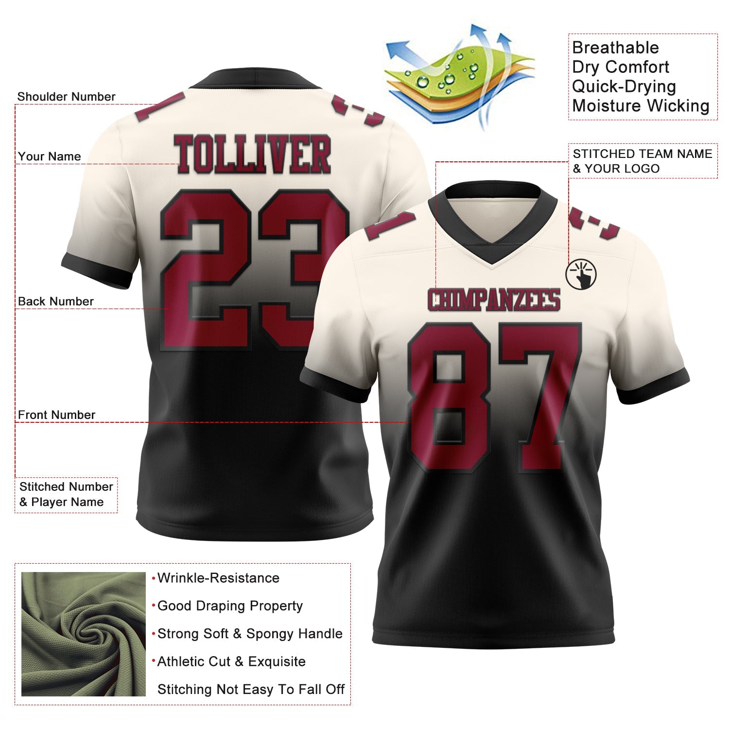 Custom Cream Maroon-Black Authentic Fade Fashion Football Jersey view 2