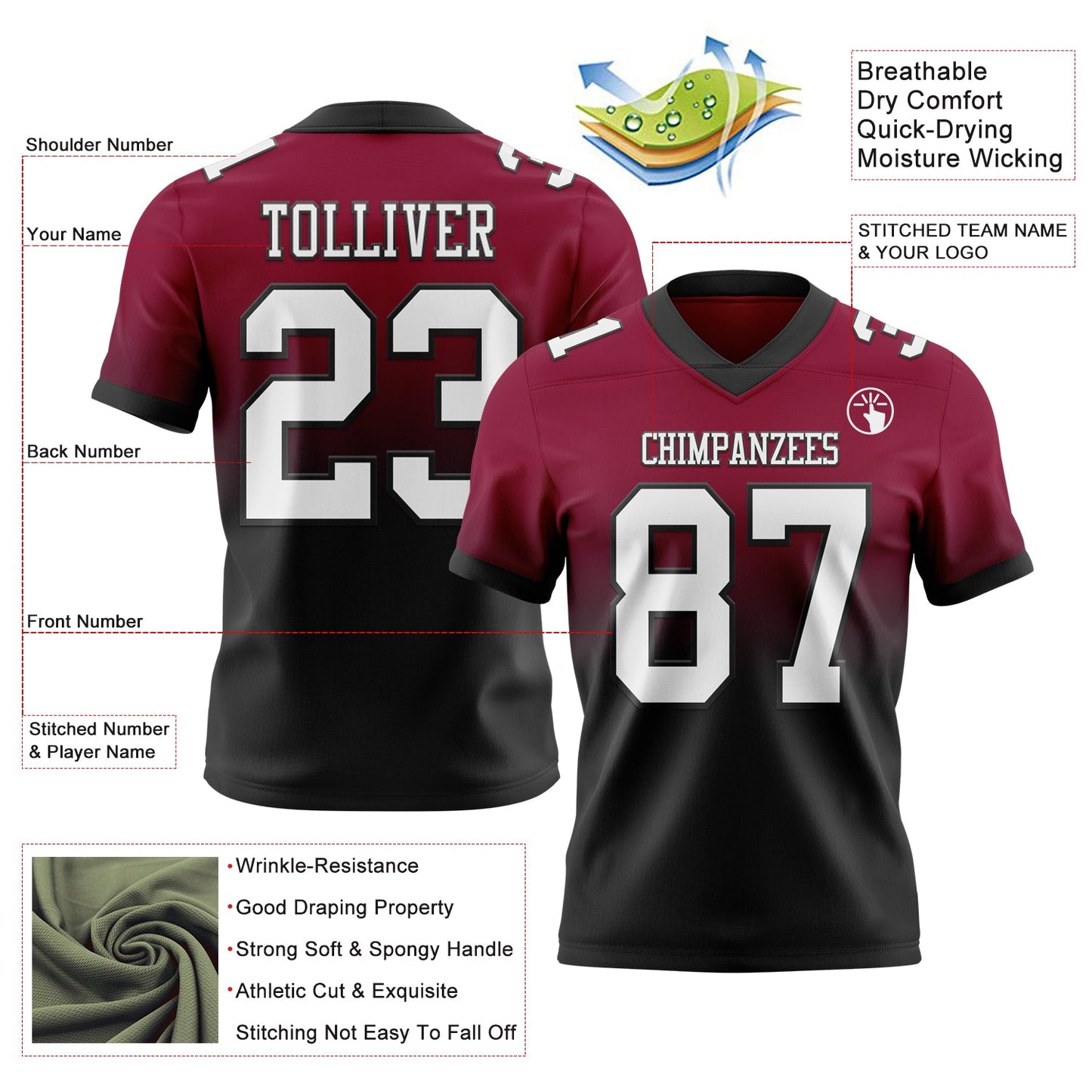 Custom Maroon White-Black Authentic Fade Fashion Football Jersey view 2