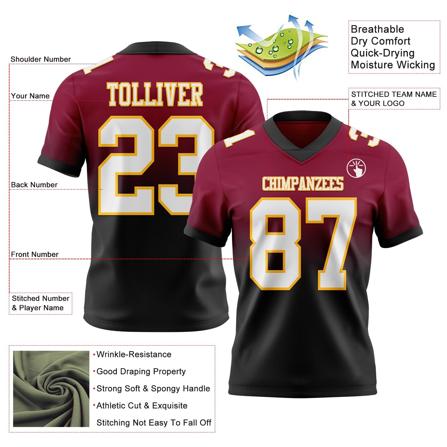 Custom Maroon White Black-Gold Authentic Fade Fashion Football Jersey view 2