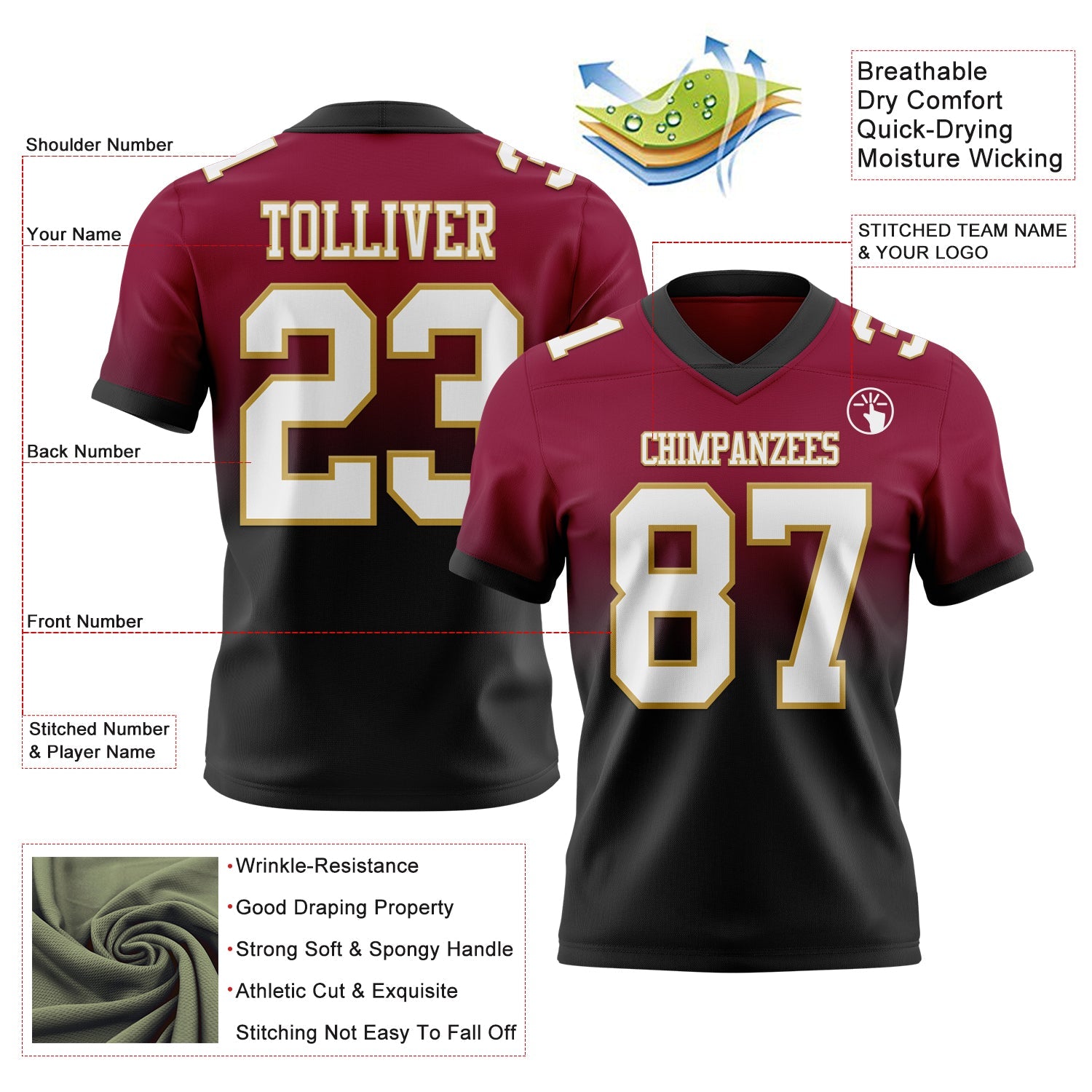 Custom Maroon White Black-Old Gold Authentic Fade Fashion Football Jersey view 2