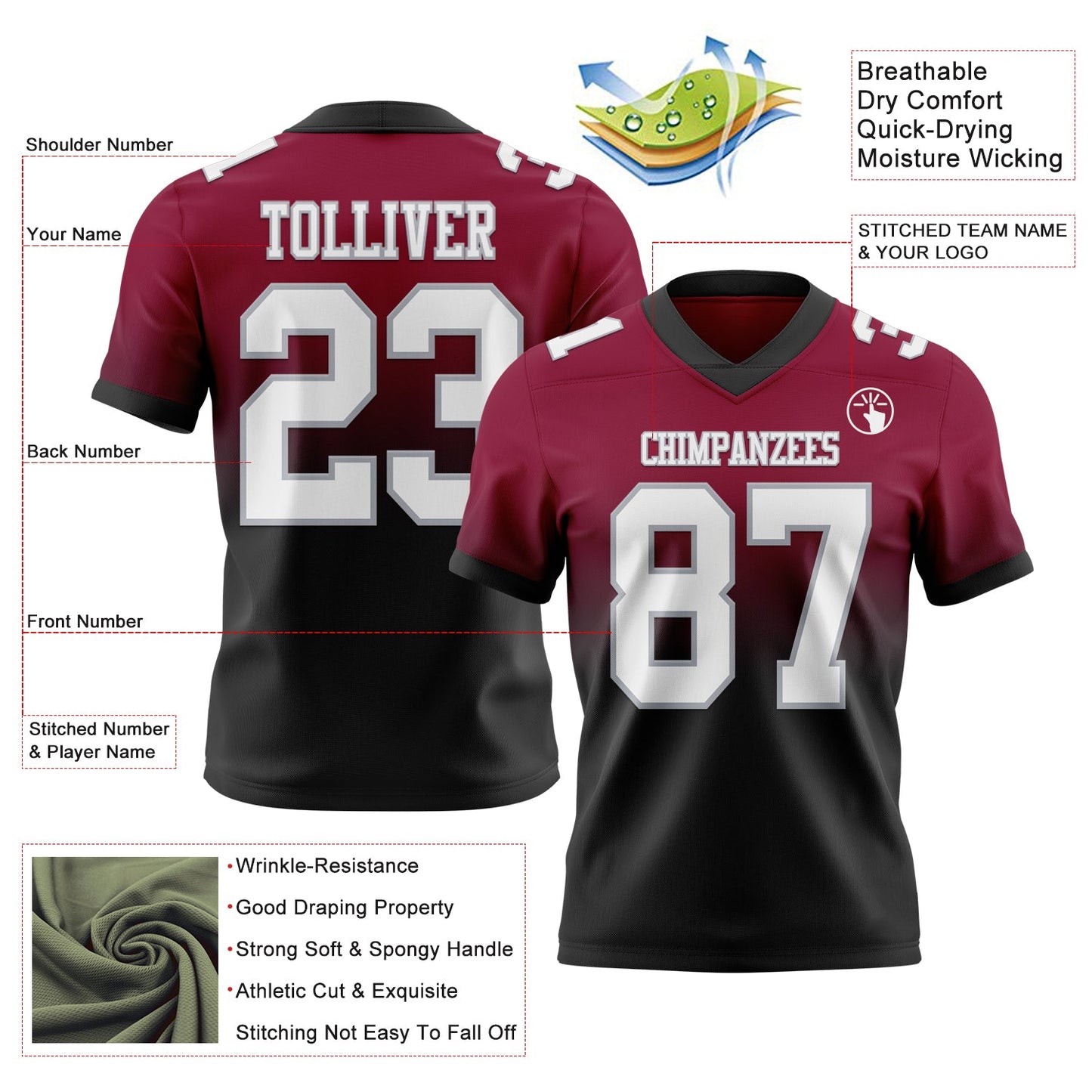 Custom Maroon White Black-Gray Authentic Fade Fashion Football Jersey view 2