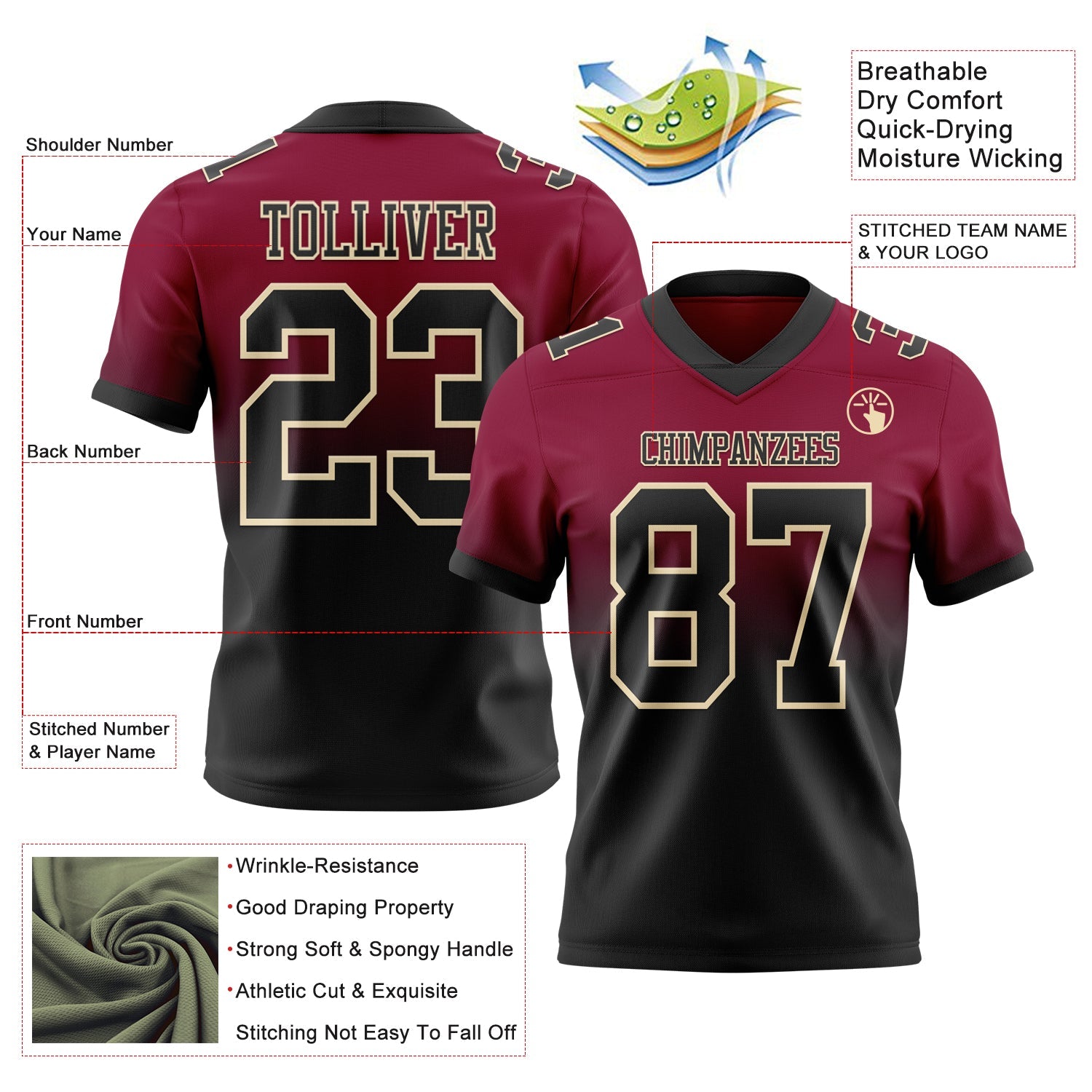 Custom Maroon Black-Cream Authentic Fade Fashion Football Jersey view 2
