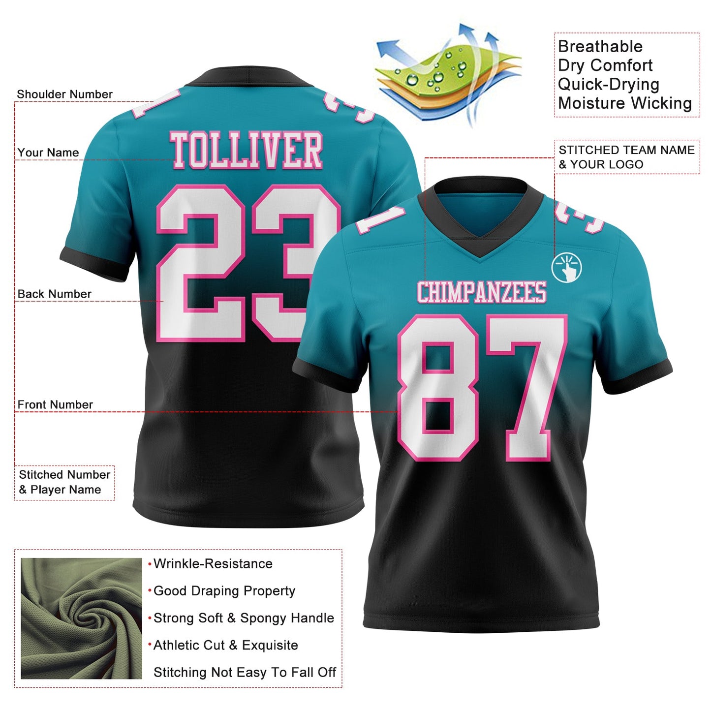 Custom Teal White Black-Pink Authentic Fade Fashion Football Jersey view 2